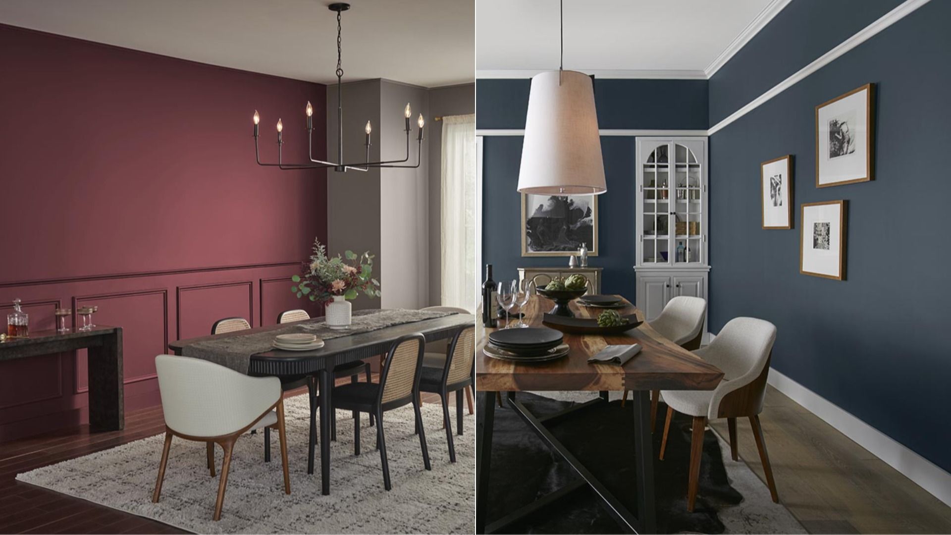 Split-view of two dining rooms: left features a burgundy wainscoted wall, long dark table with cream chairs and a black chandelier; right features navy walls with white trim, a wooden dining table, a large beige pendant, and framed art.