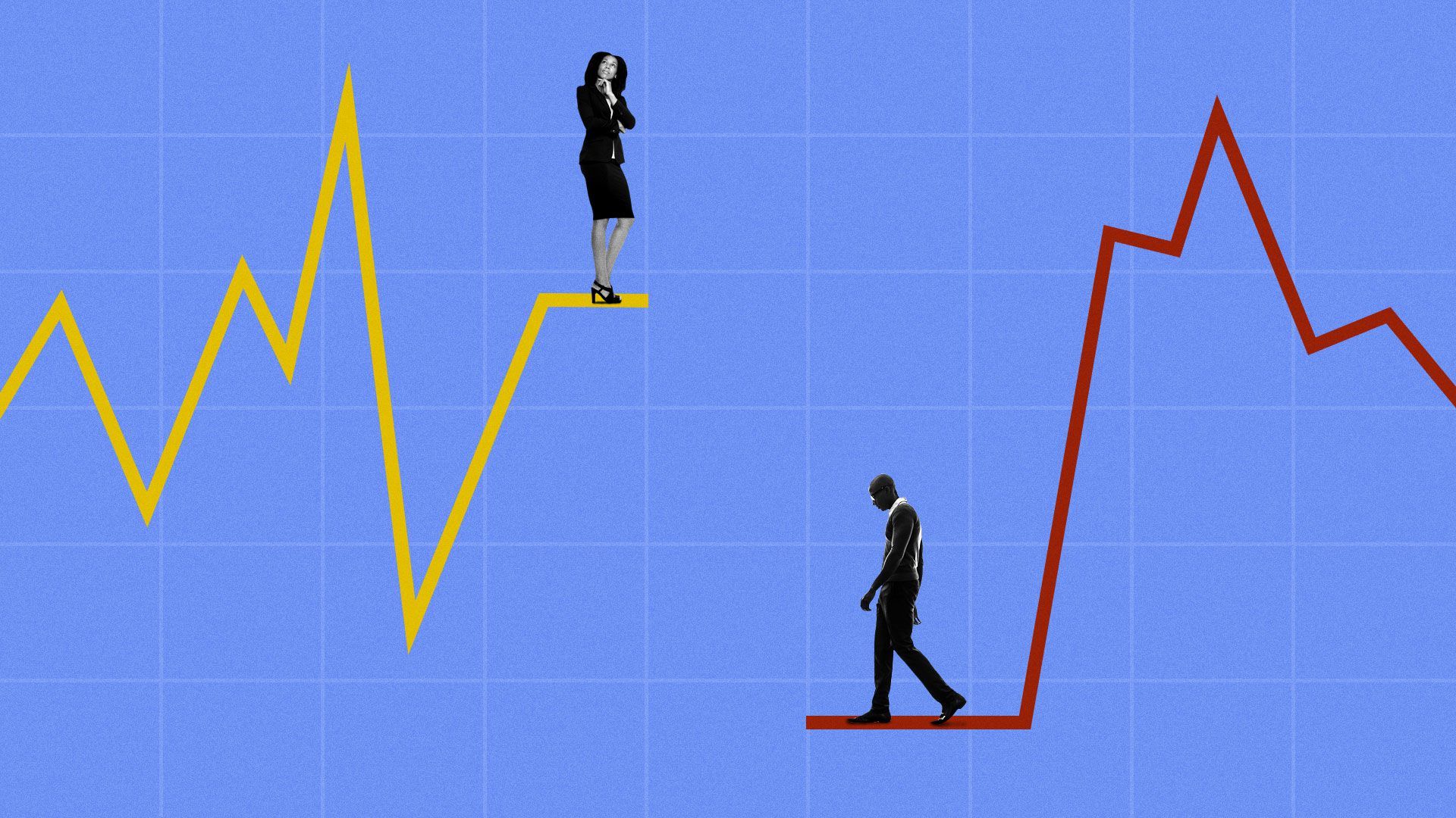 Illustration of two people standing at edge of line graph one high, one low