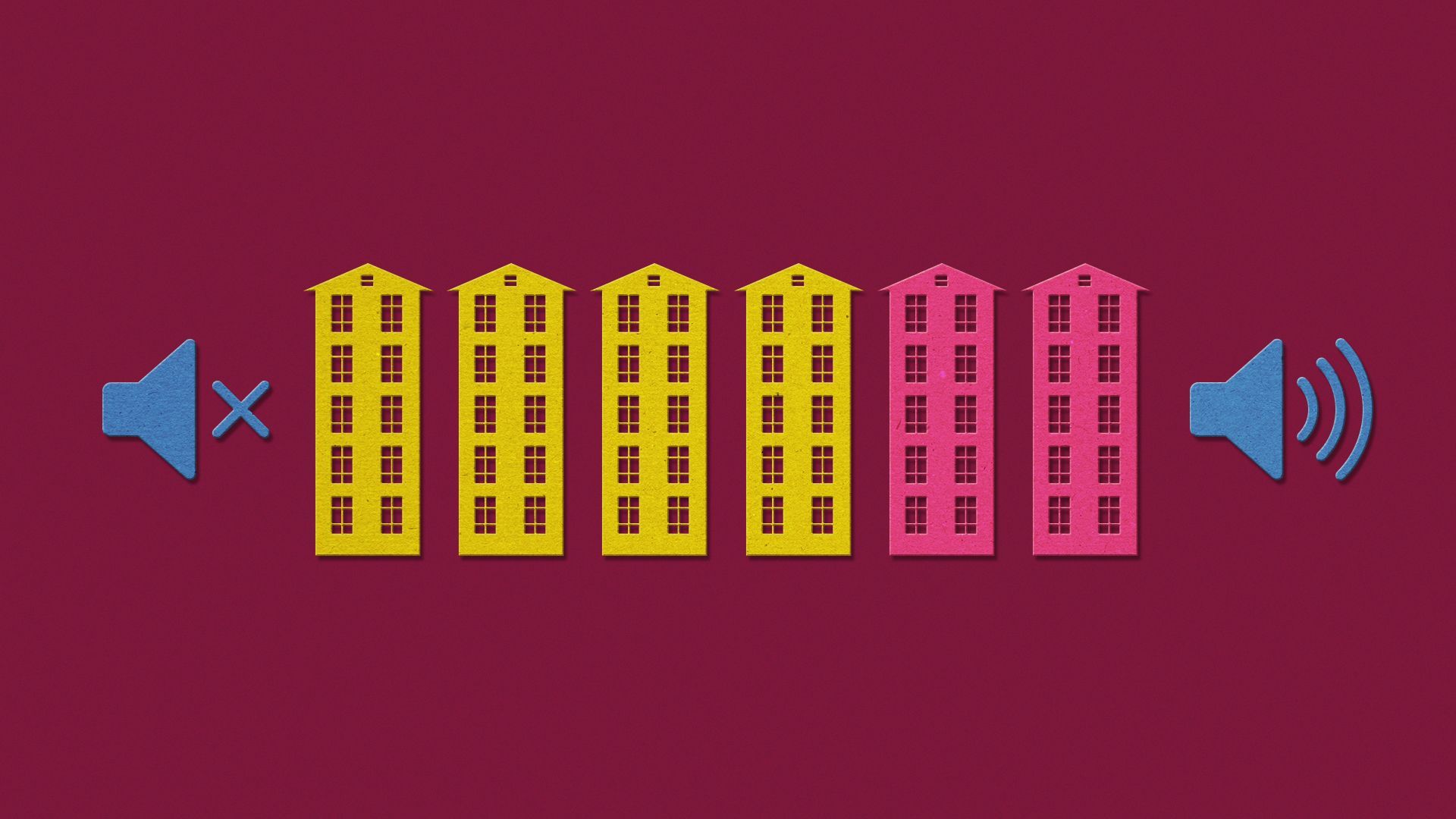 Illustration volume settings using buildings as bar graph to indicate level of volume.