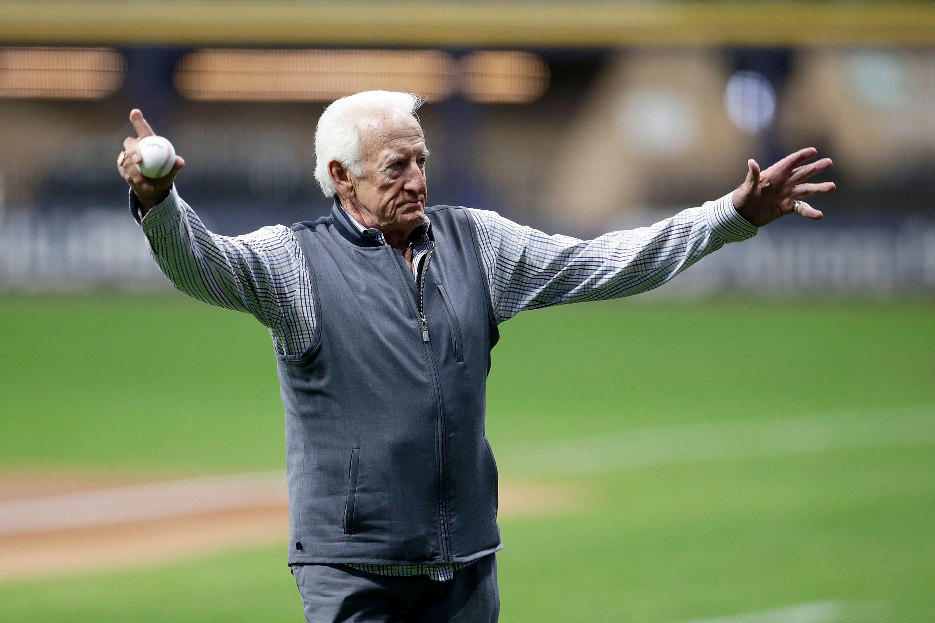 MILWAUKEE, WISCONSIN - SEPTEMBER 25: Bob Uecker being honored for 50 years of broadcasting at American Family Field on September 25, 2021 in Milwaukee, Wisconsin. Brewers defeated the Mets 2-1. (Photo by John Fisher/Getty Images)