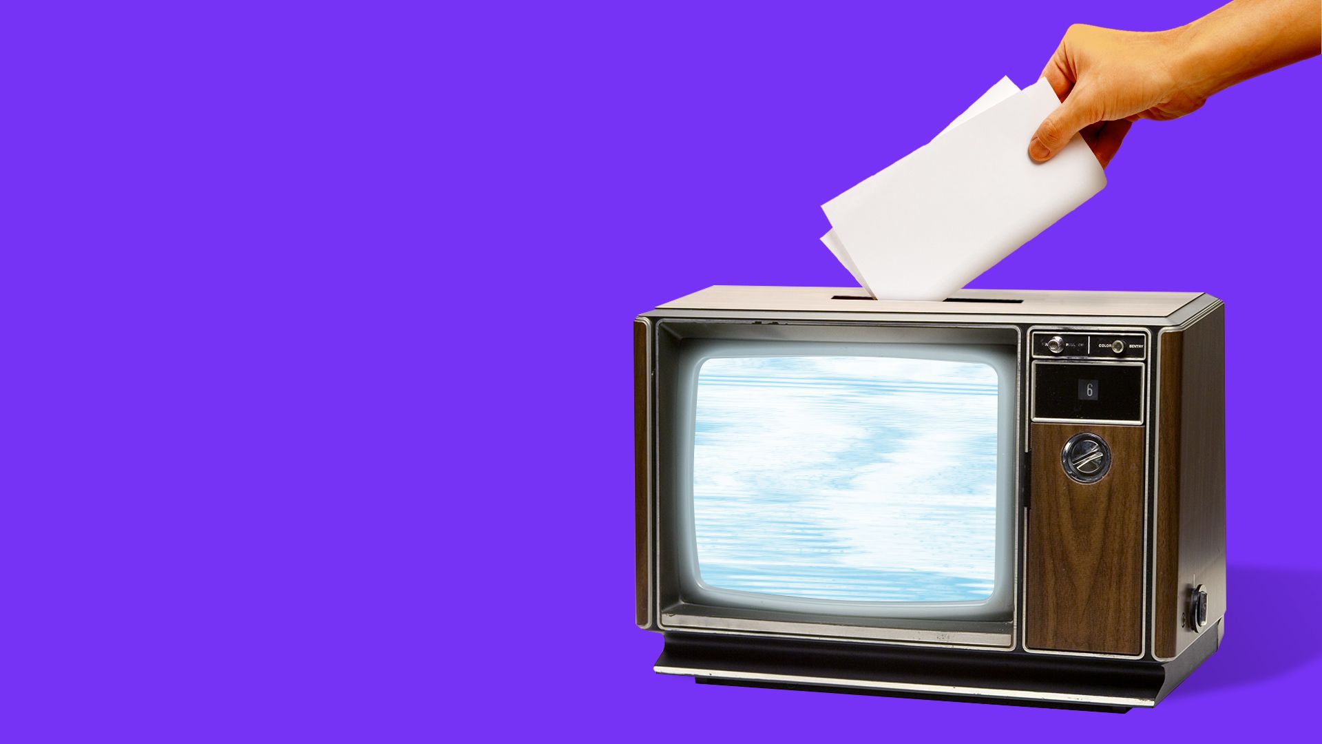 Illustration of a hand placing a ballot in an old fashioned television as if it were a ballot box. 