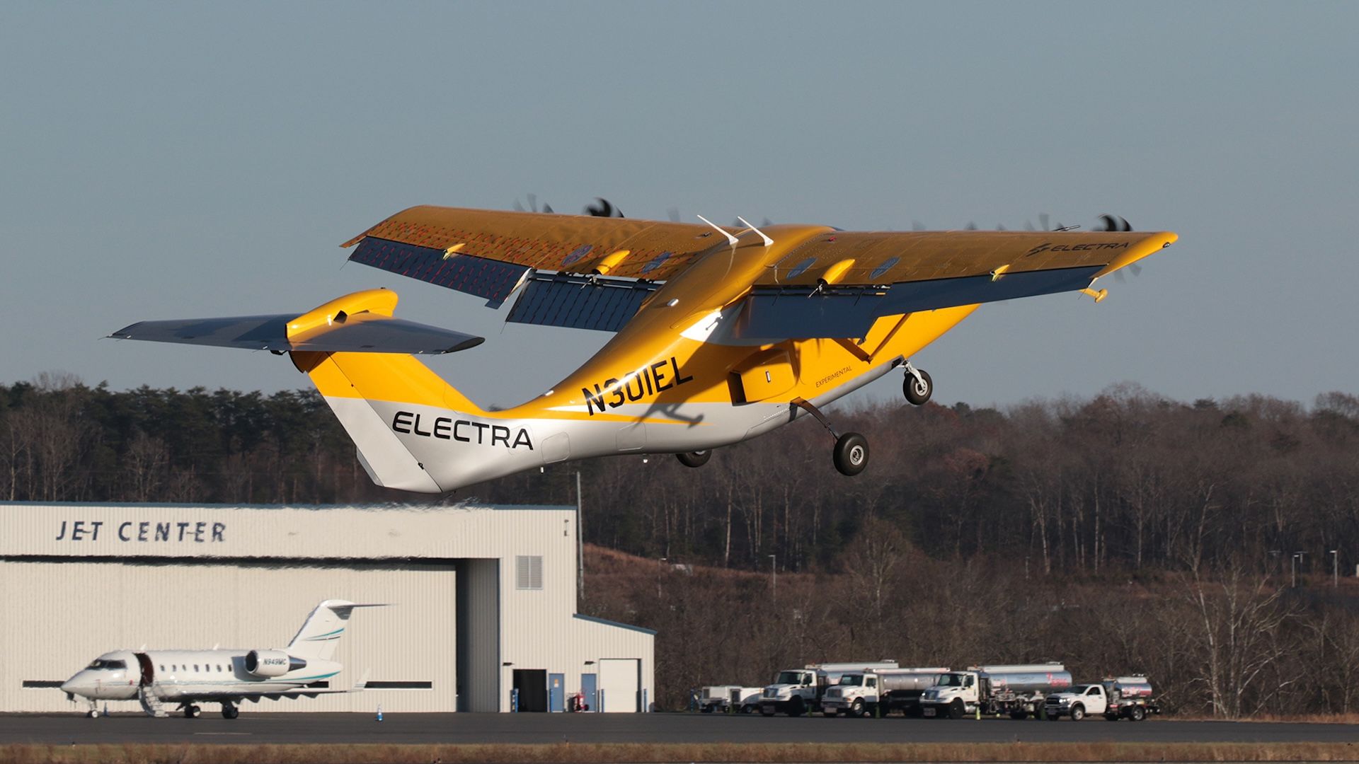 A hybrid electric aircraft takes off from Manassas Regional Airport in Virginia with the NASA administrator on board.