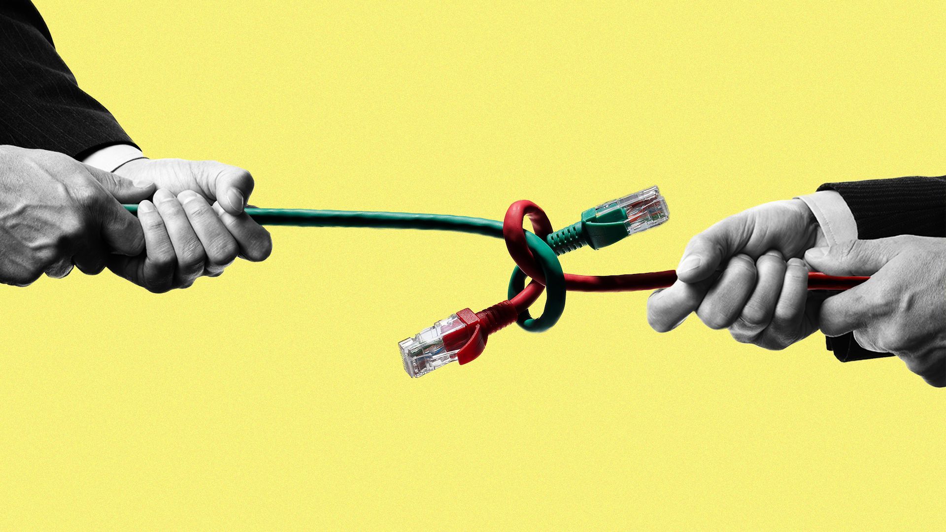 Illustration of two people playing tug-of-war with ethernet cables.