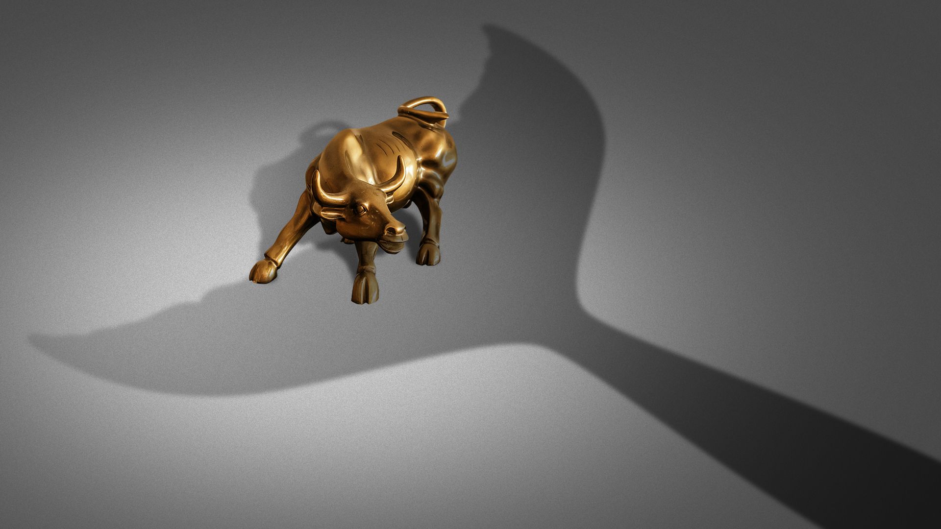 Illustration of the Wall Street bull under the shadow of a giant whale tail. 