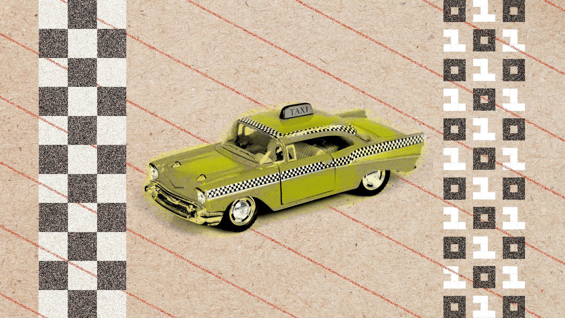 An old-style taxi with no one driving it and a series of digital numbers on the sides