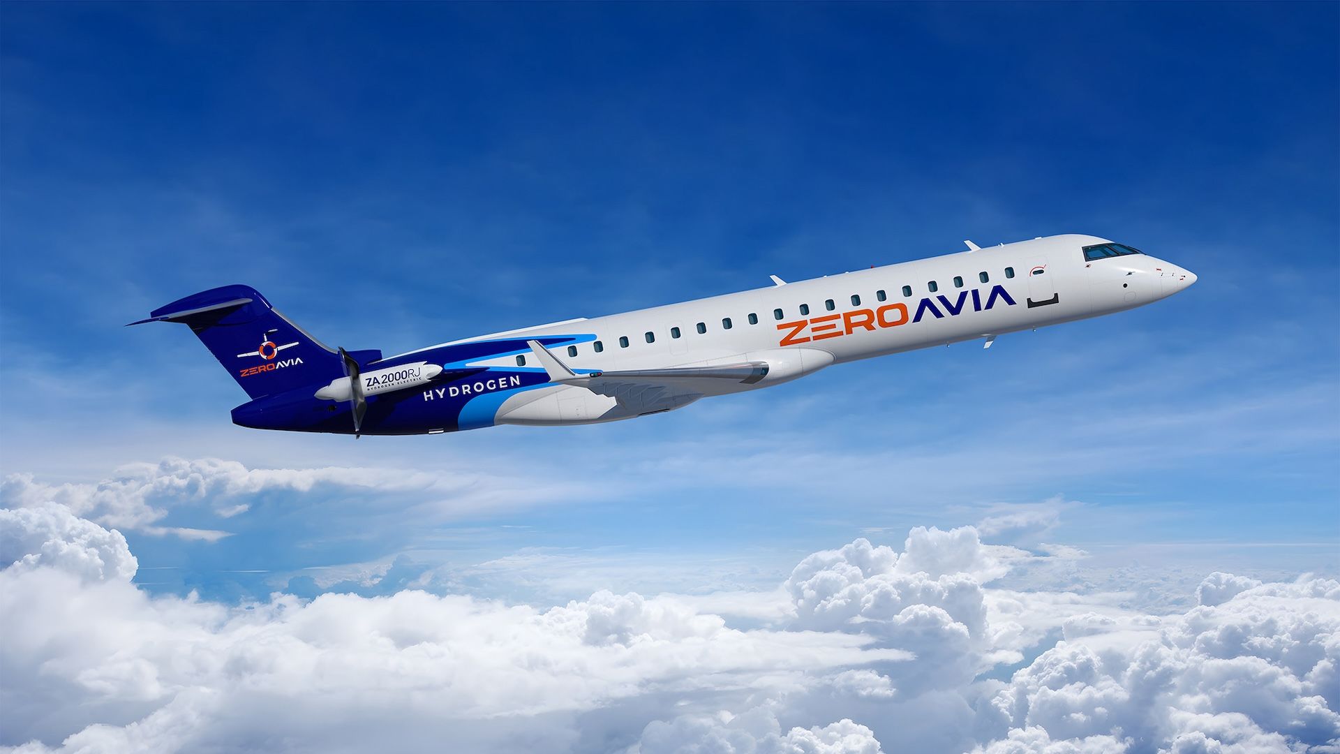 Rendering of a CRJ700 aircraft in ZeroAvia colors. 