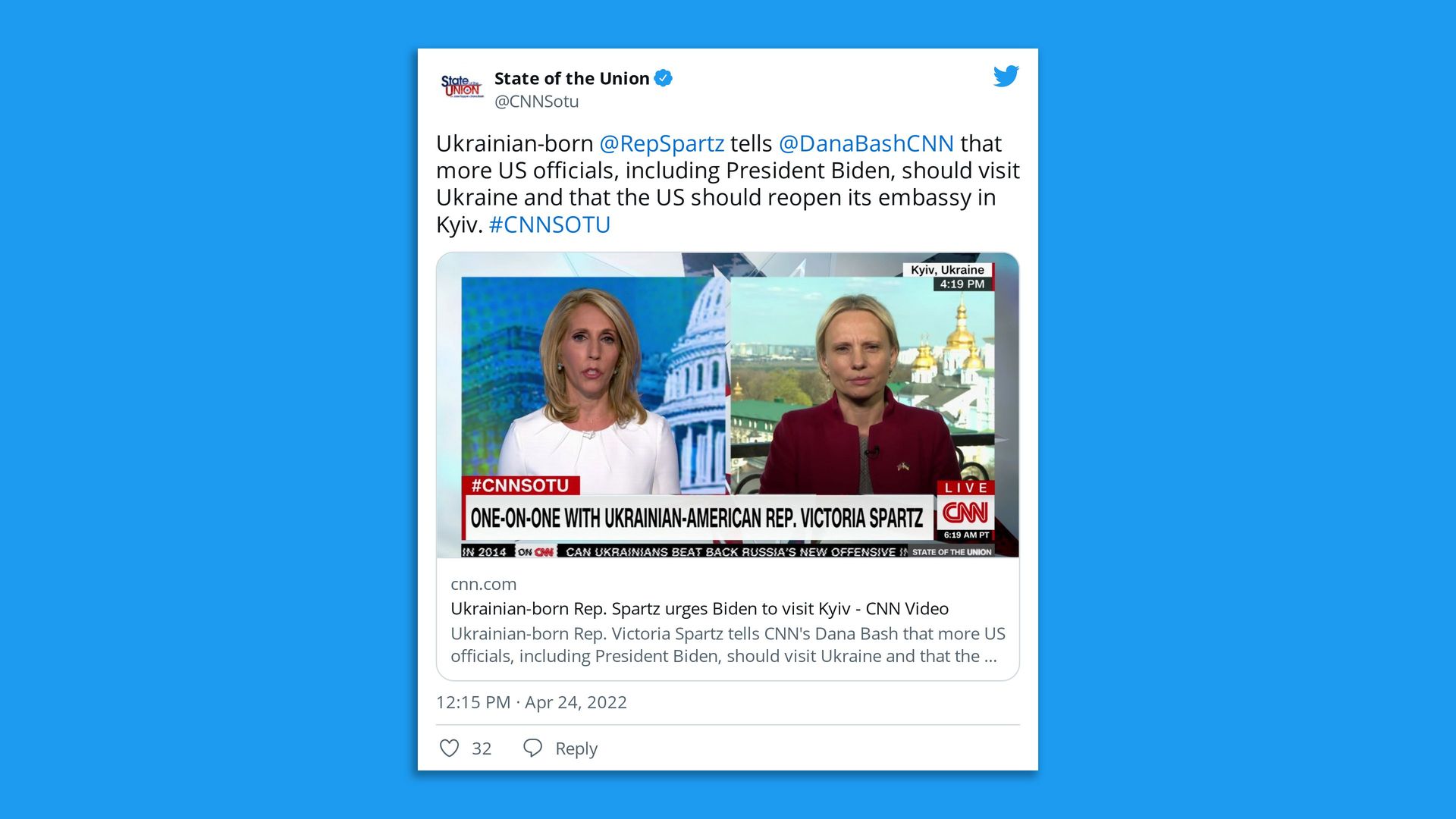 A screenshot shows a tweet from CNN about its interview with Rep. Victoria Spartz.