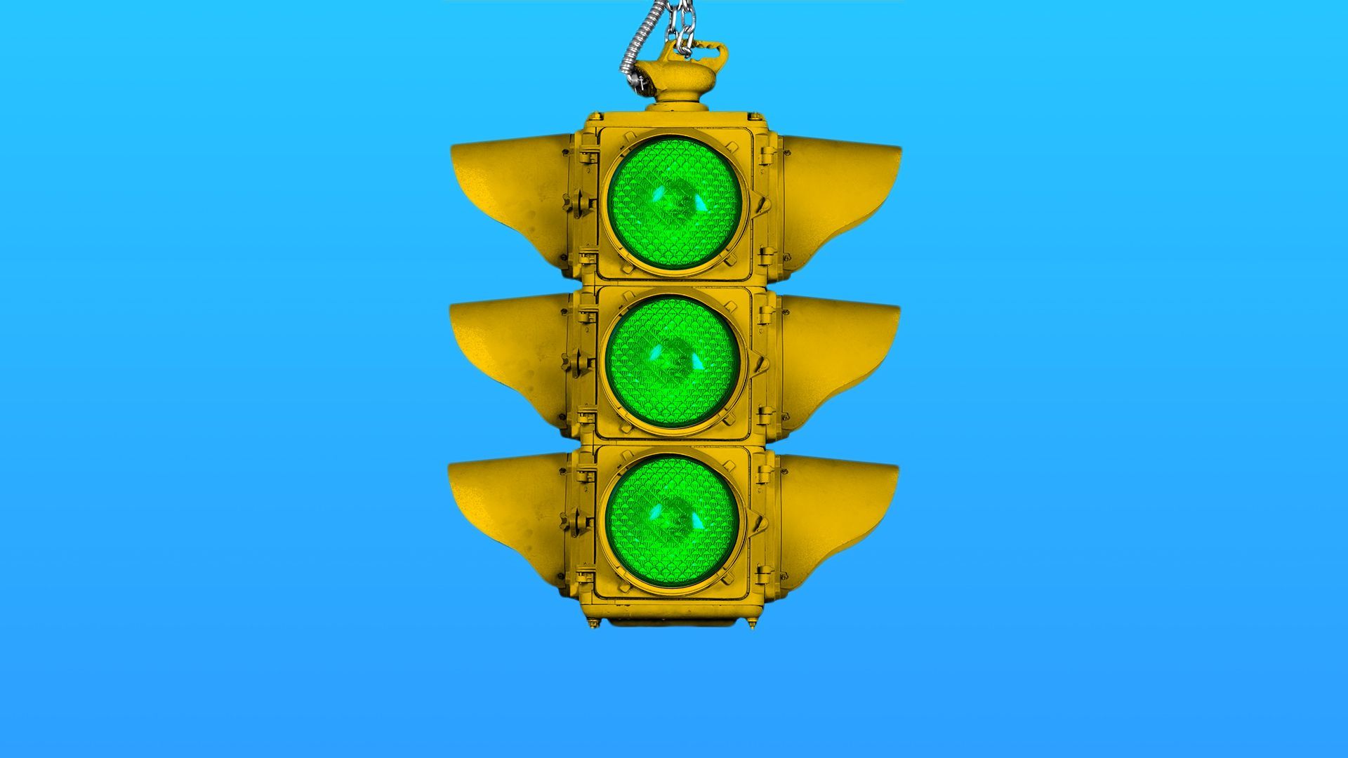 Illustration of a traffic light with three green lights.