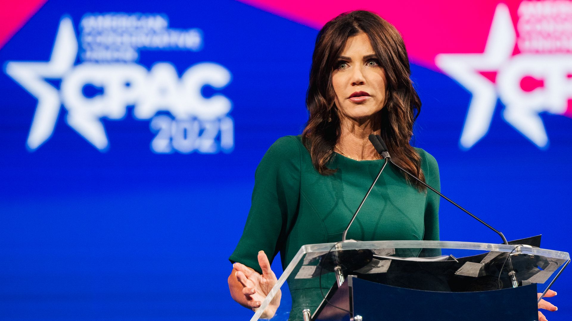 South Dakota Gov. Kristi Noem speaking at CPAC 2021 in Dallas in July.