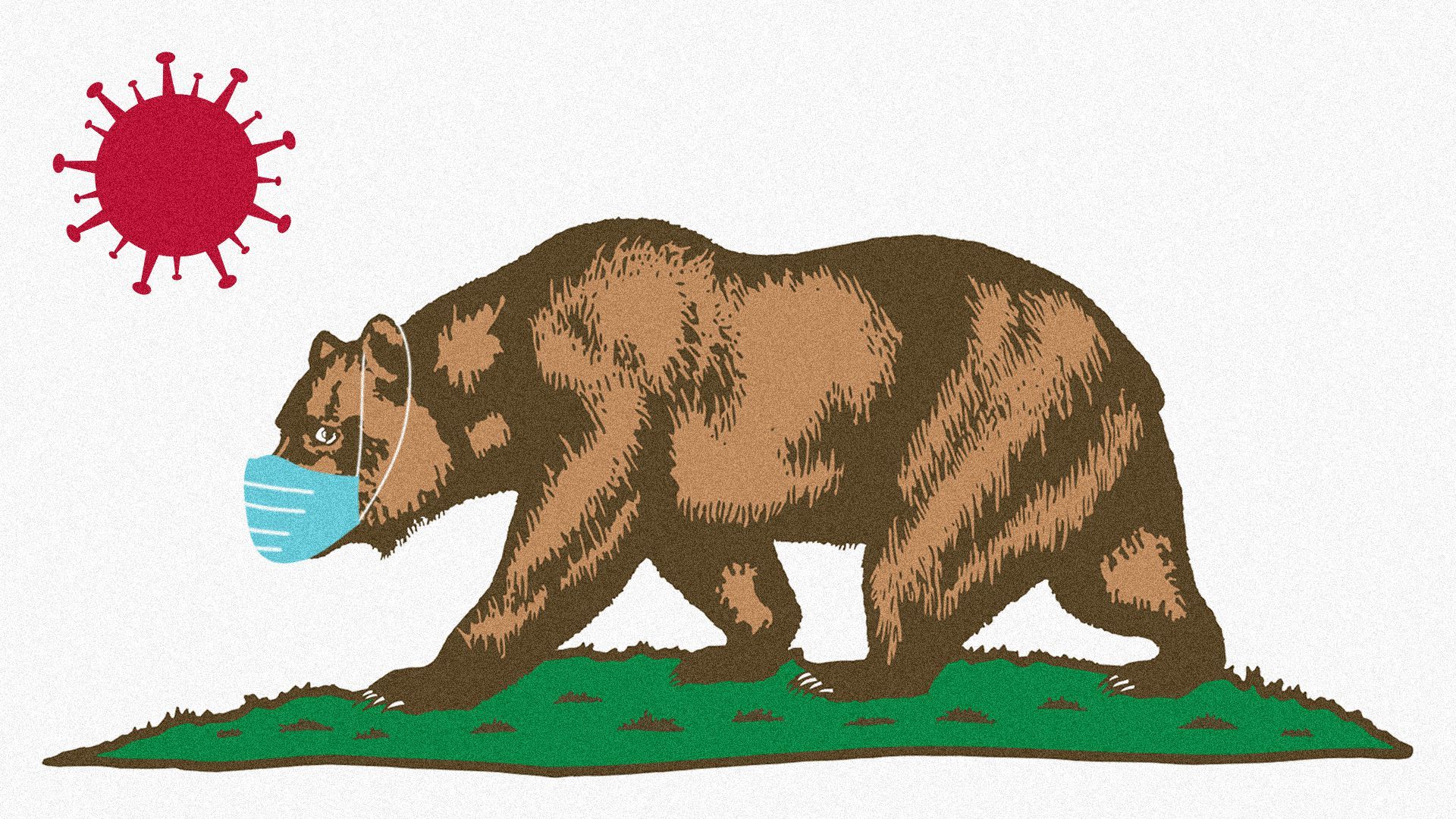Illustration of the California state flag with COVID-19 replacing the star and the bear wearing a mask.