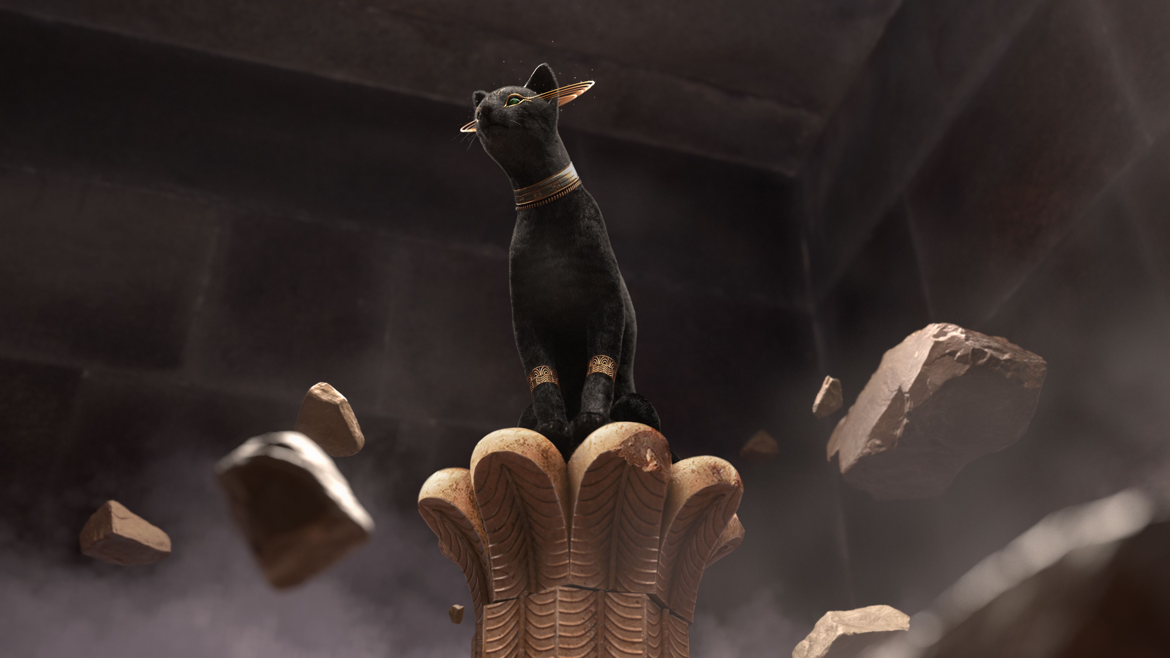 Black cat statue with green eyes and gold jewelry stands atop a carved pedestal made of interlocking hands, in a dark museum-like setting with rocky debris in the background.