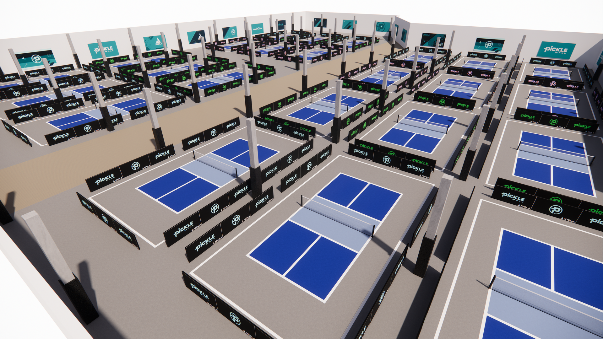 A rendering of 24 indoor pickleball courts. 