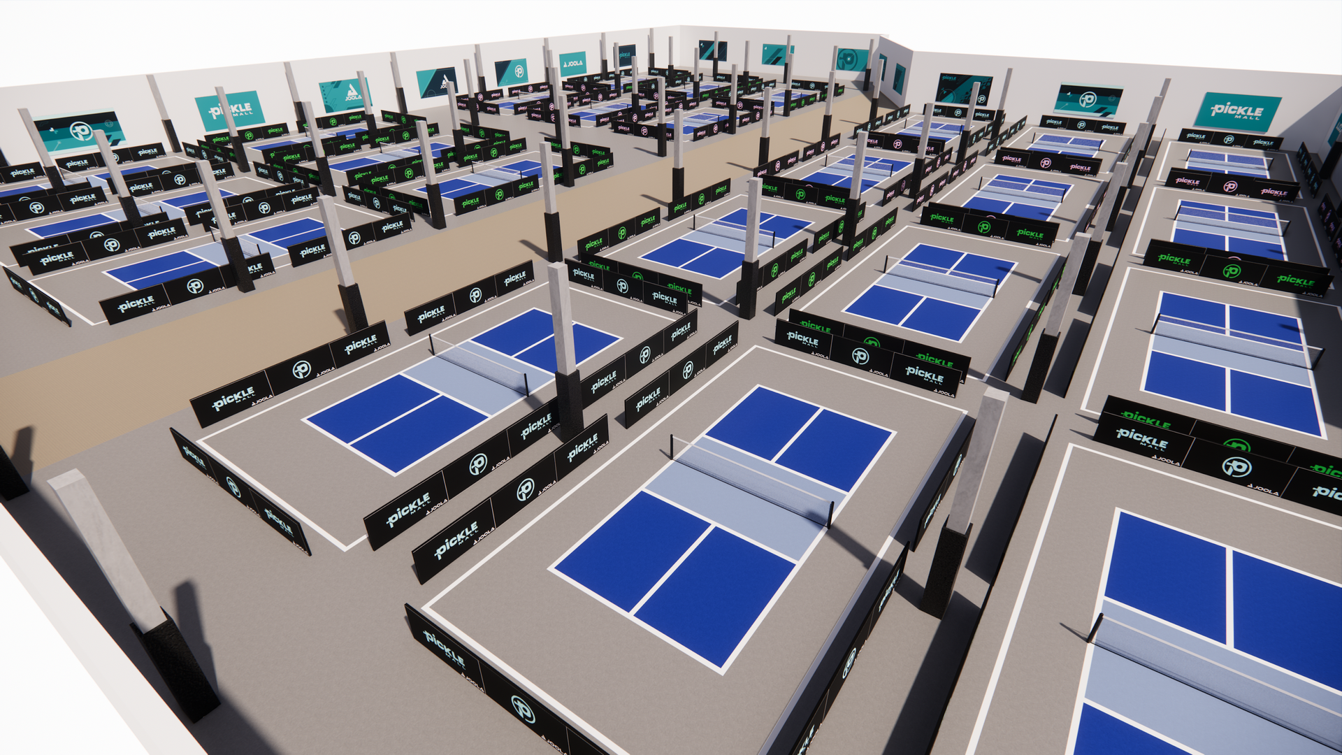 A rendering of 24 indoor pickleball courts.