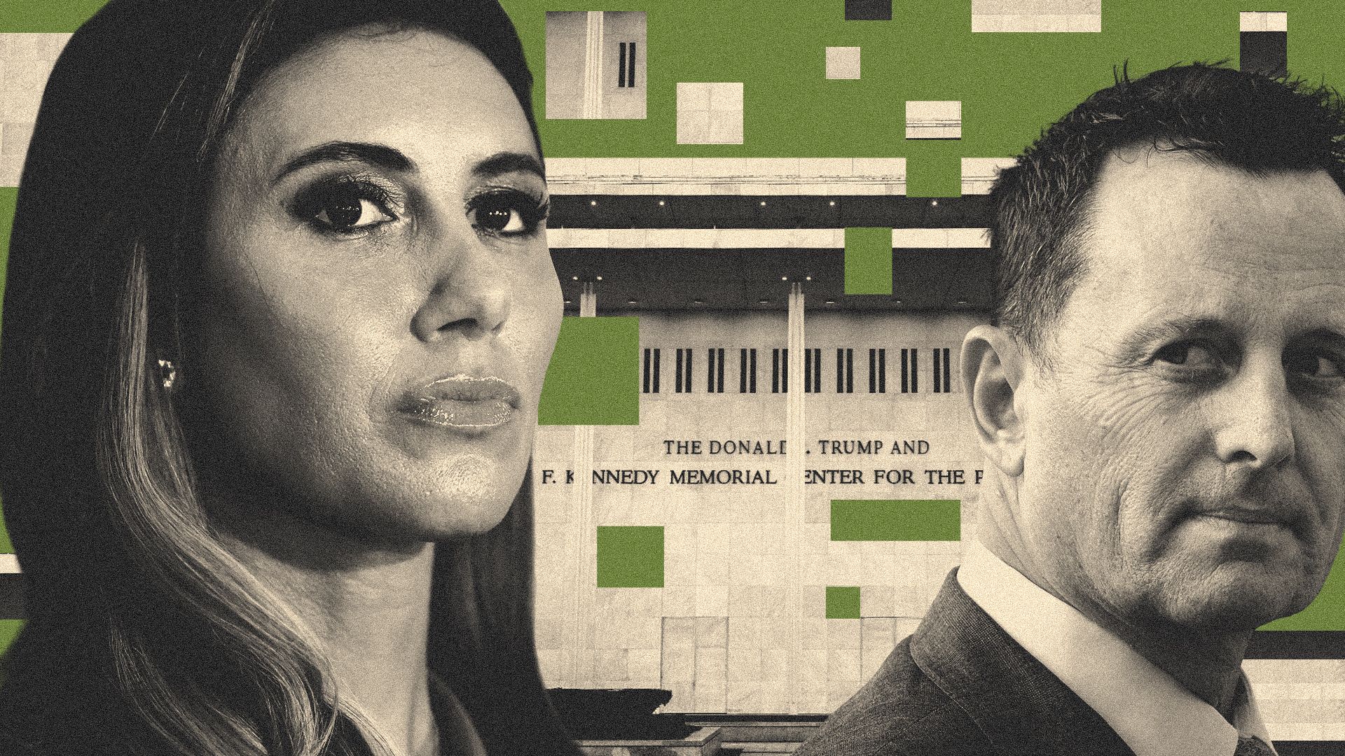 Photo illustration of Alina Habba and Richard Grenell with a deconstructed Kennedy center in the background
