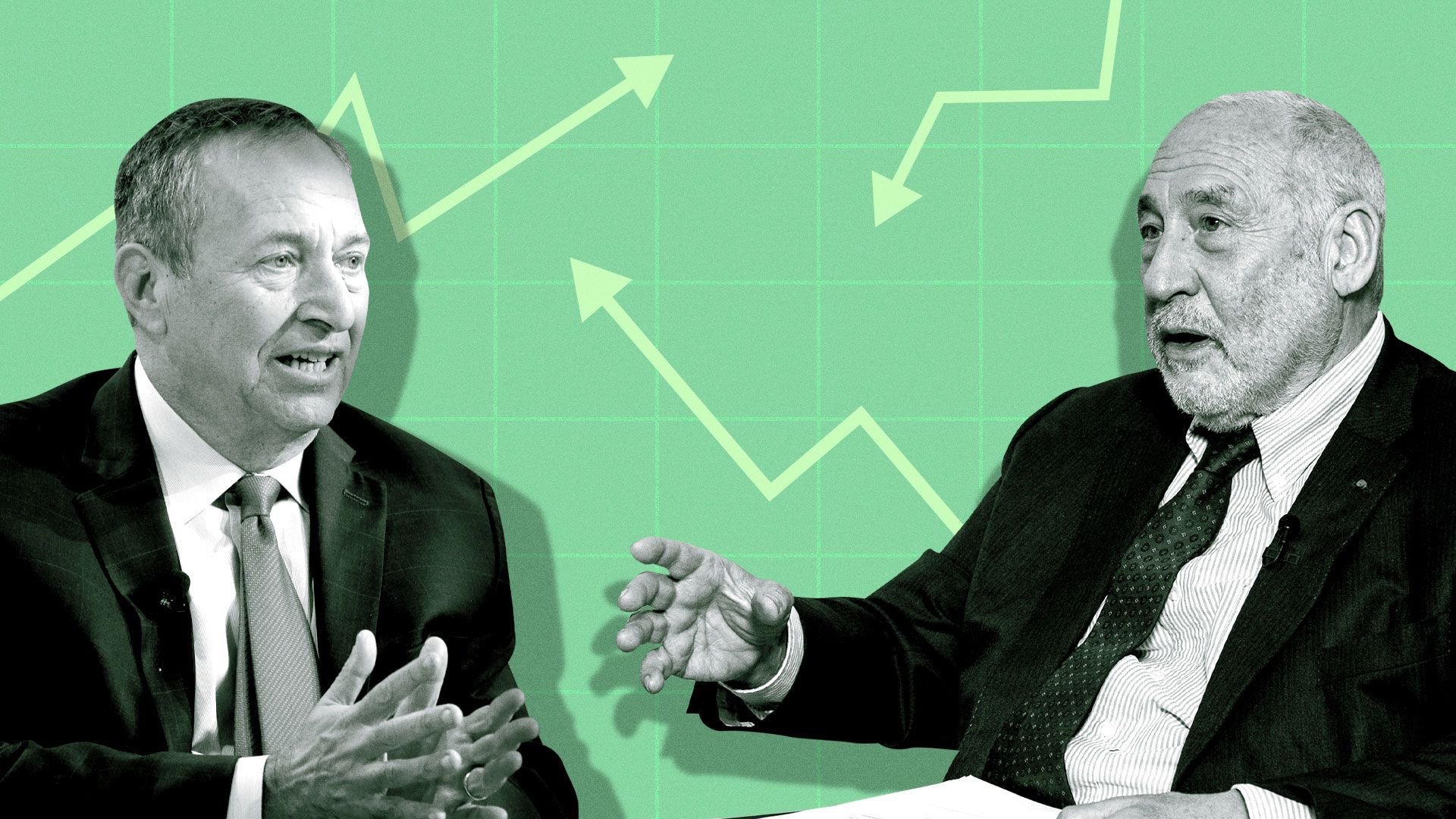 Photo illustration of Joseph Stiglitz and Larry Summers with a grid and line graphs.