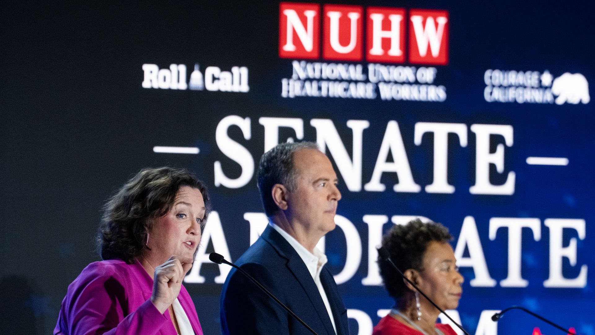 California Democratic Reps. Katie Porter (left), Adam Schiff and Barbara Lee at a voter forum for U.S. Senate candidates