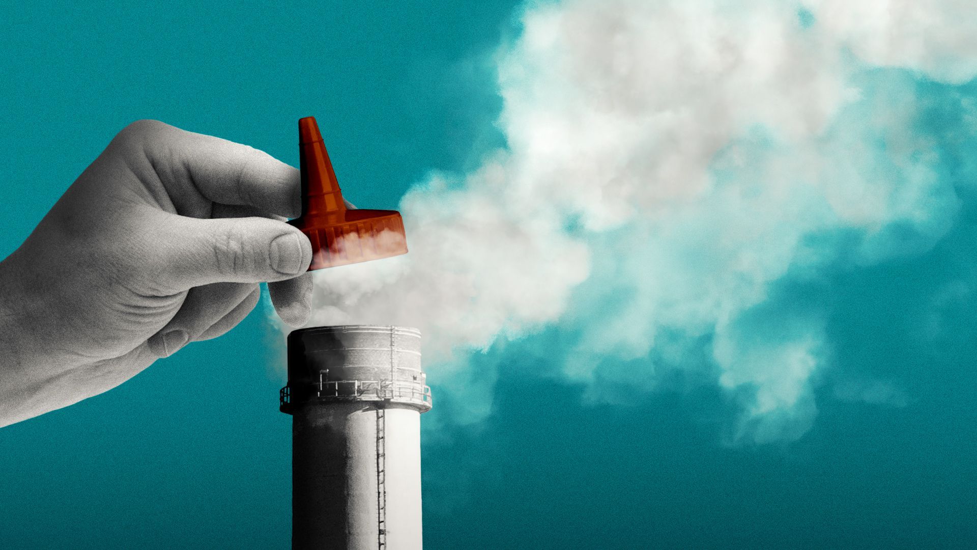 Illustration of a hand placing the cap from a condiment sauce squeeze bottle on top of a smokestack.