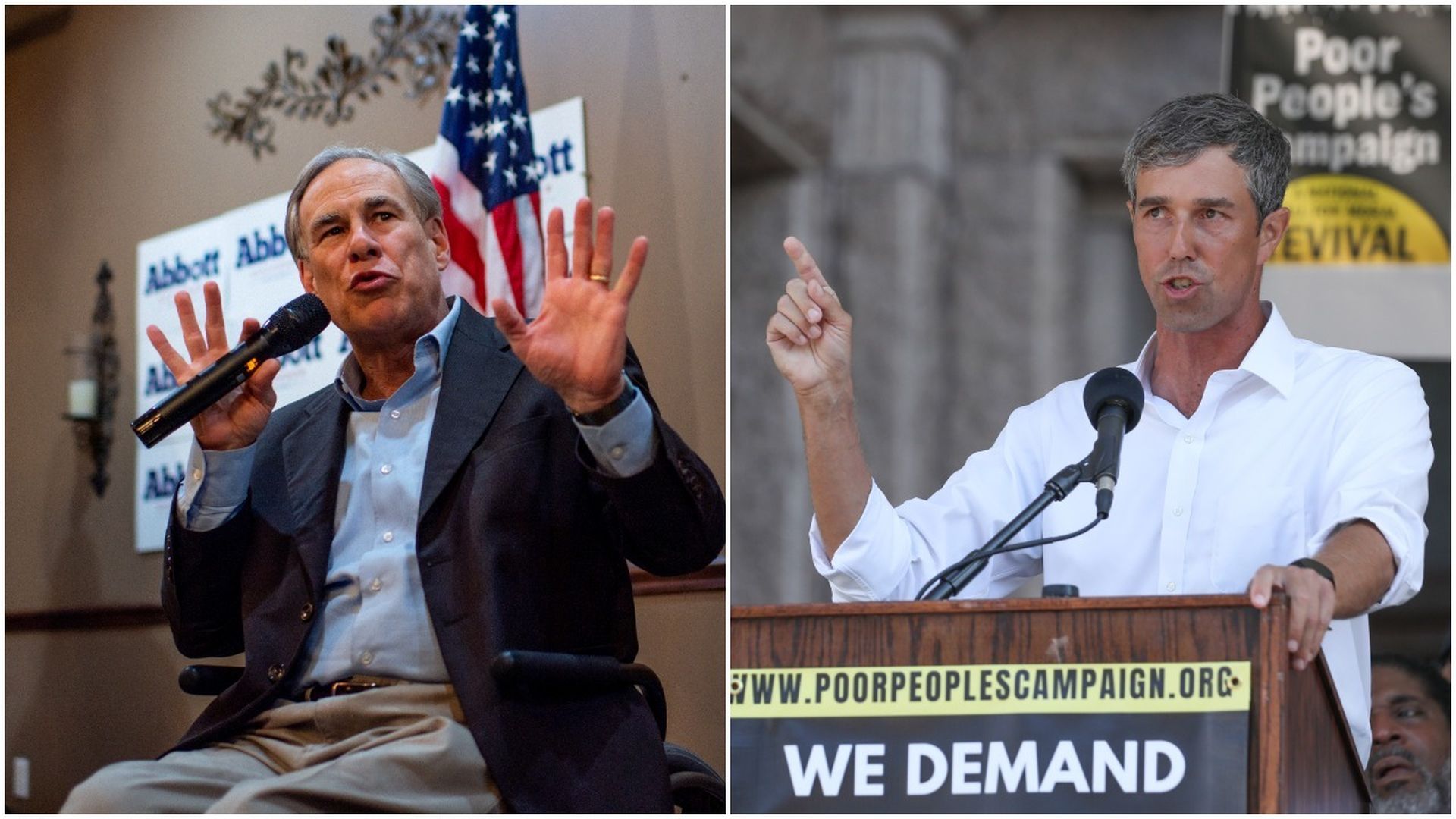 Combination images of Greg Abbott and Beto O'Rourke.