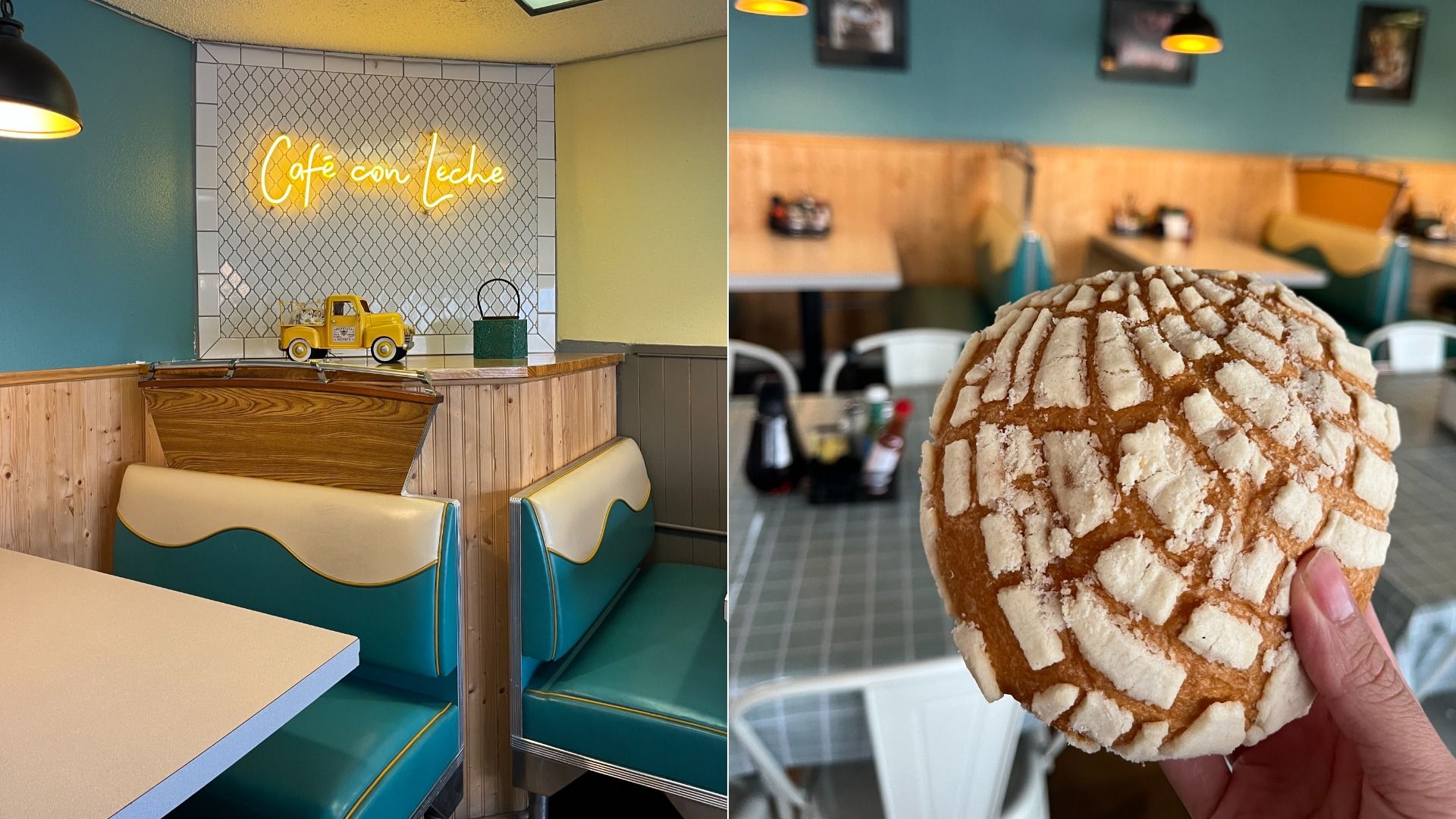 Split image: left shows a retro teal diner with wood paneling and a neon sign reading "Cafe con Leche"; a yellow toy truck on the counter. Right shows a hand holding a sugar-crusted pastry in a turquoise diner.