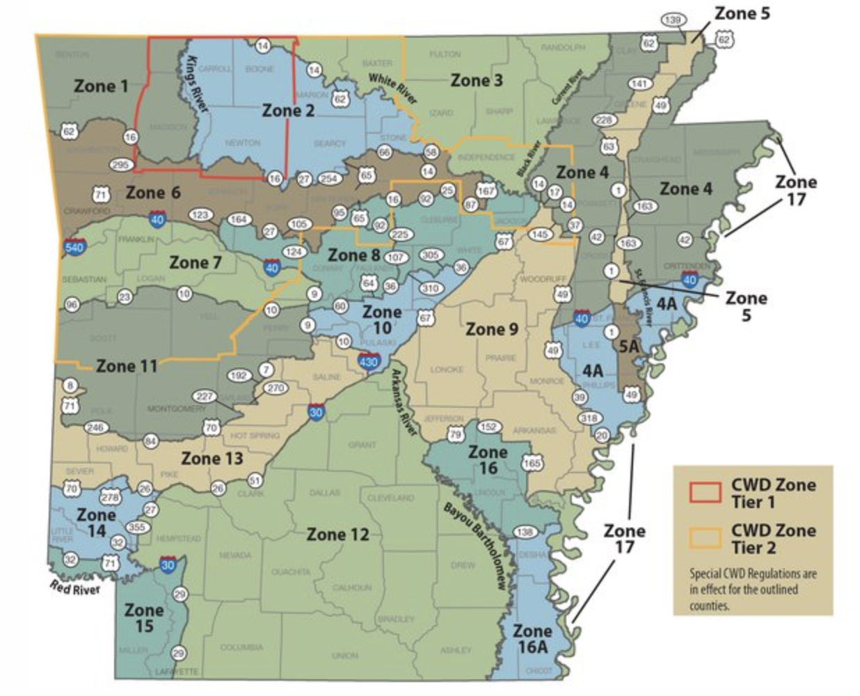 map of northwestern arkansas divided up into zone