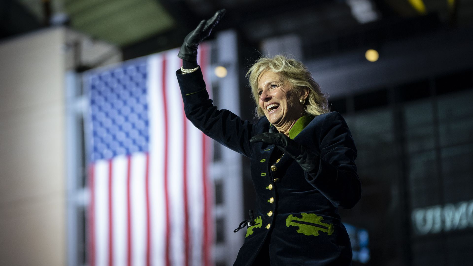 Jill Biden arrives to speak in support of her husband Democratic presidential nominee Joe Biden during a drive-in campaign rally at Heinz Field on November 02