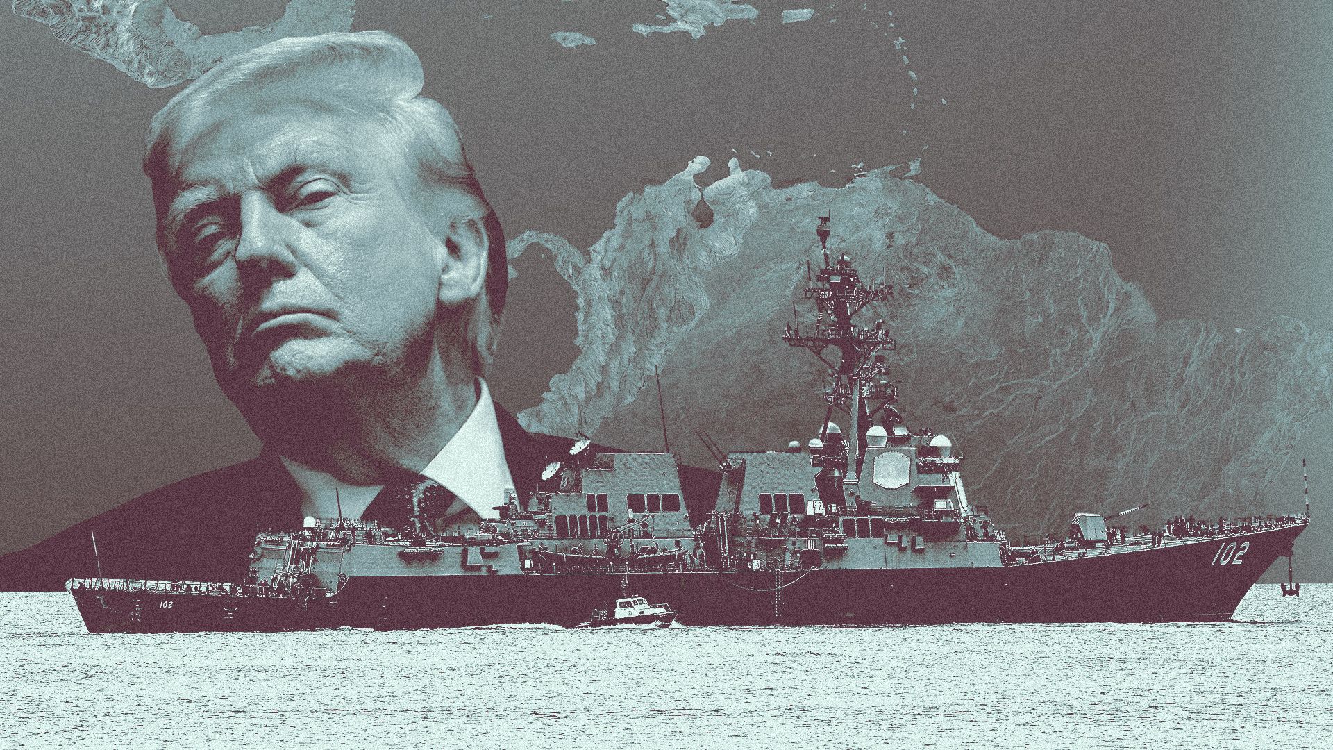 Photo illustration of a collage featuring Donald Trump, a U.S. Navy missile destroyer, and part of a globe centered on Venezuela.