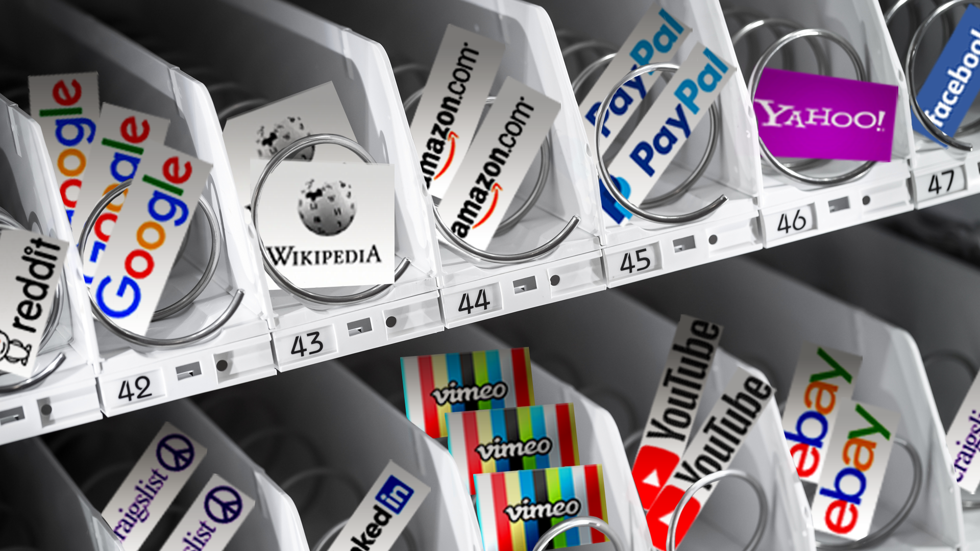 illustration of vending machine with logs of Google, Amazon, Facebook, Vimeo, Ebay and other tech companies