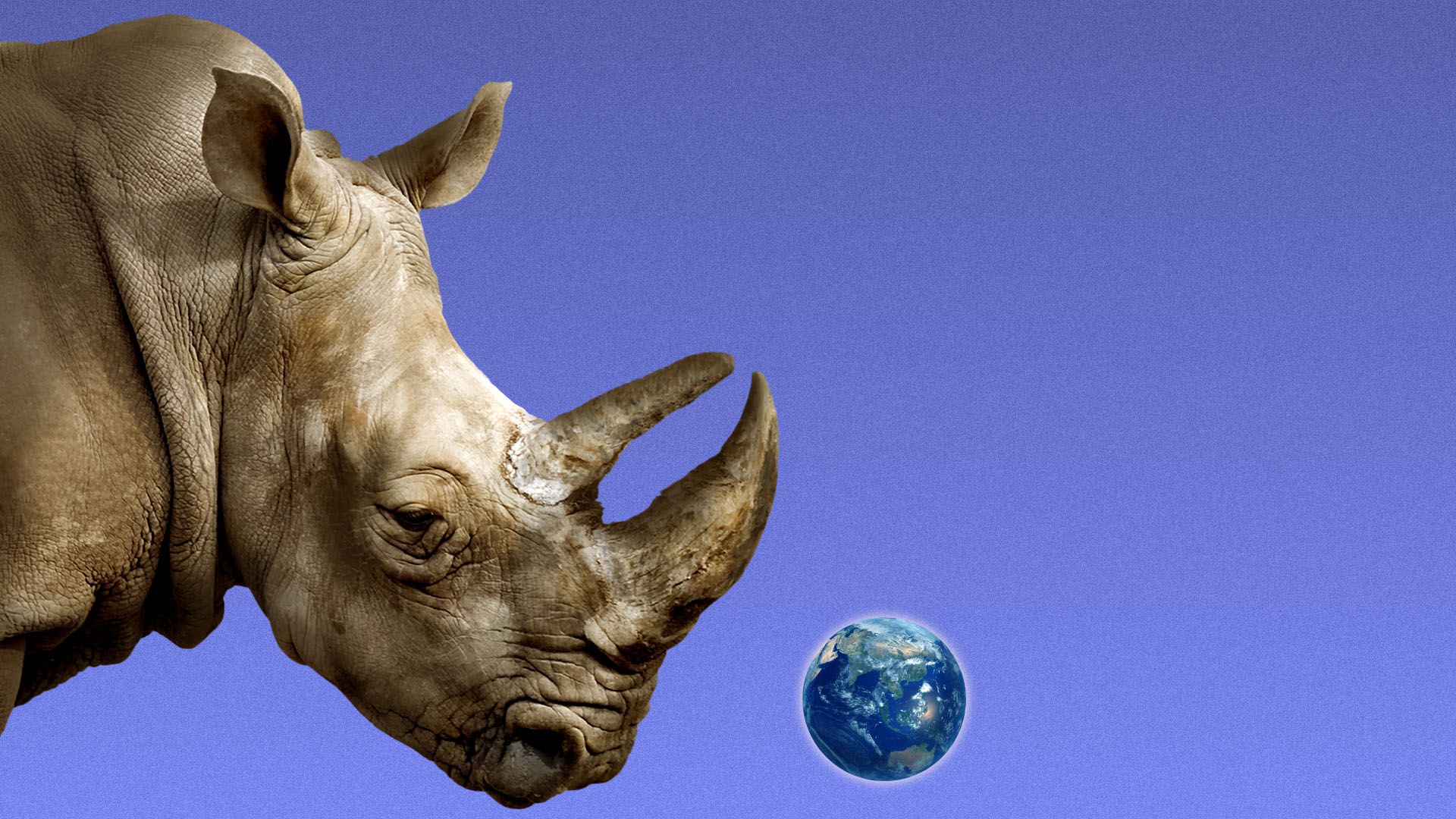 Illustration of a giant rhino facing a tiny earth.
