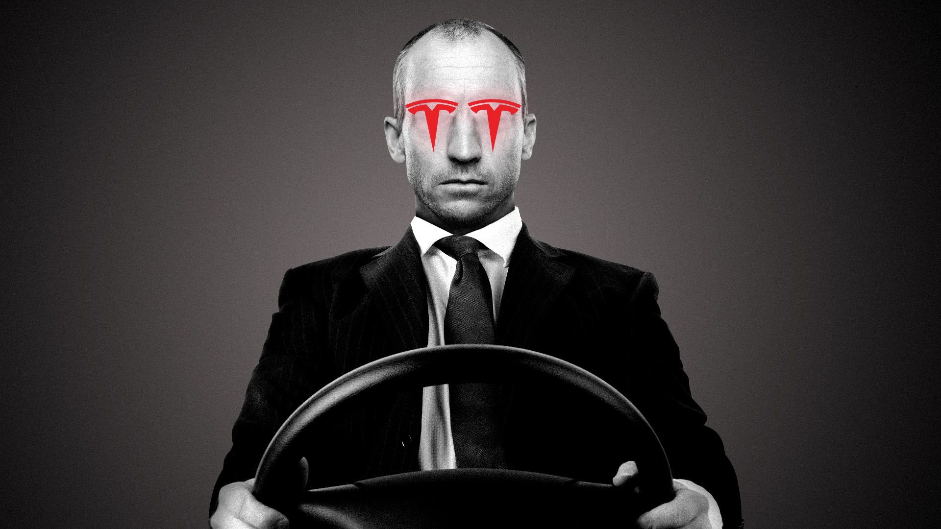 Illustration of a man behind a steering wheel with Tesla logos for eyes. 