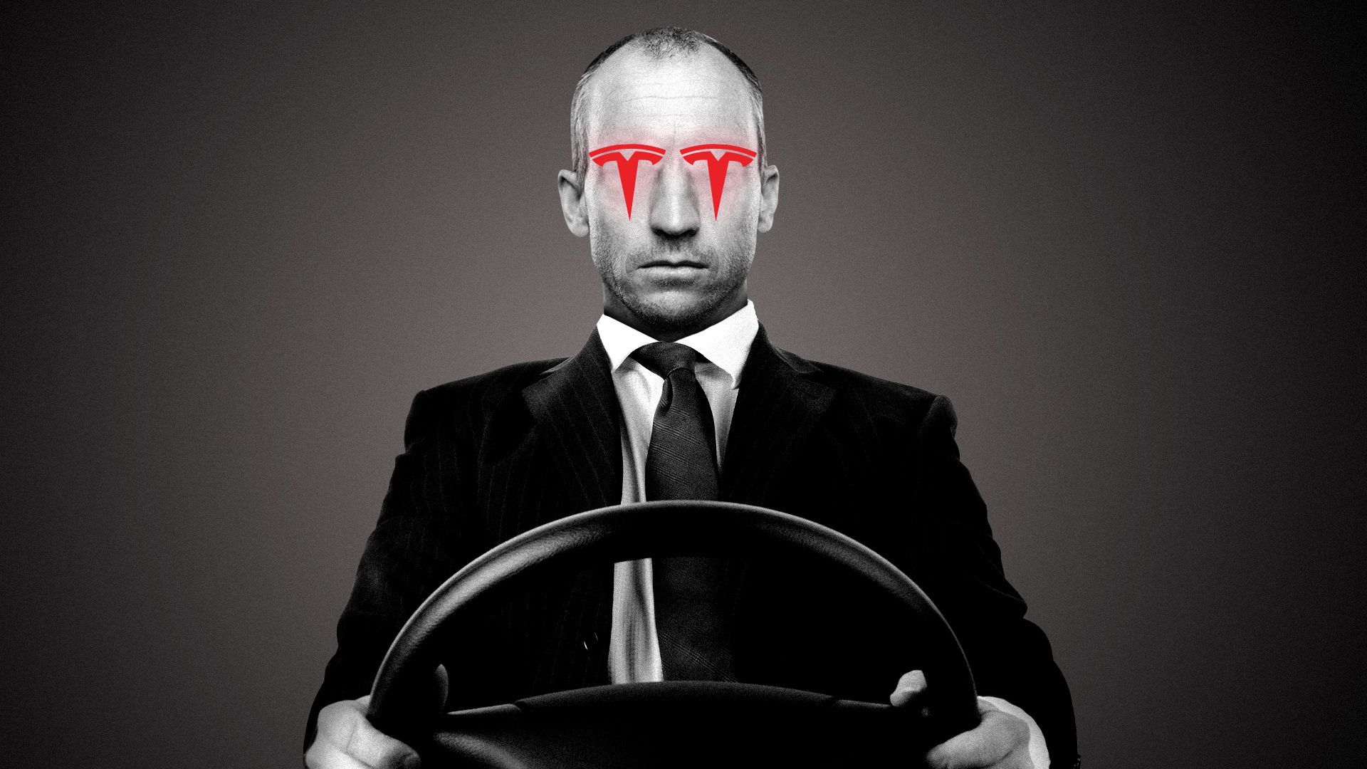 Illustration of a man behind a steering wheel with Tesla logos for eyes.