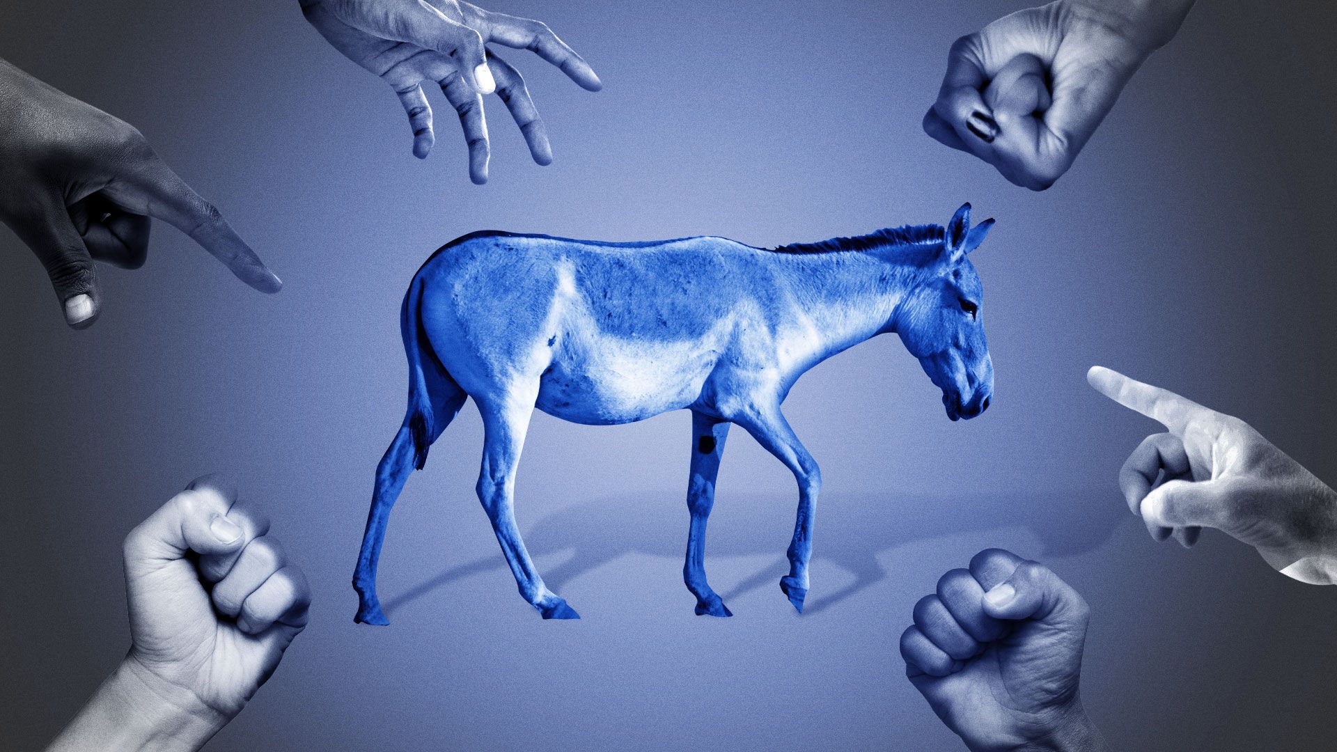 Illustration of diverse fists, reaching hands, and pointing fingers at a donkey