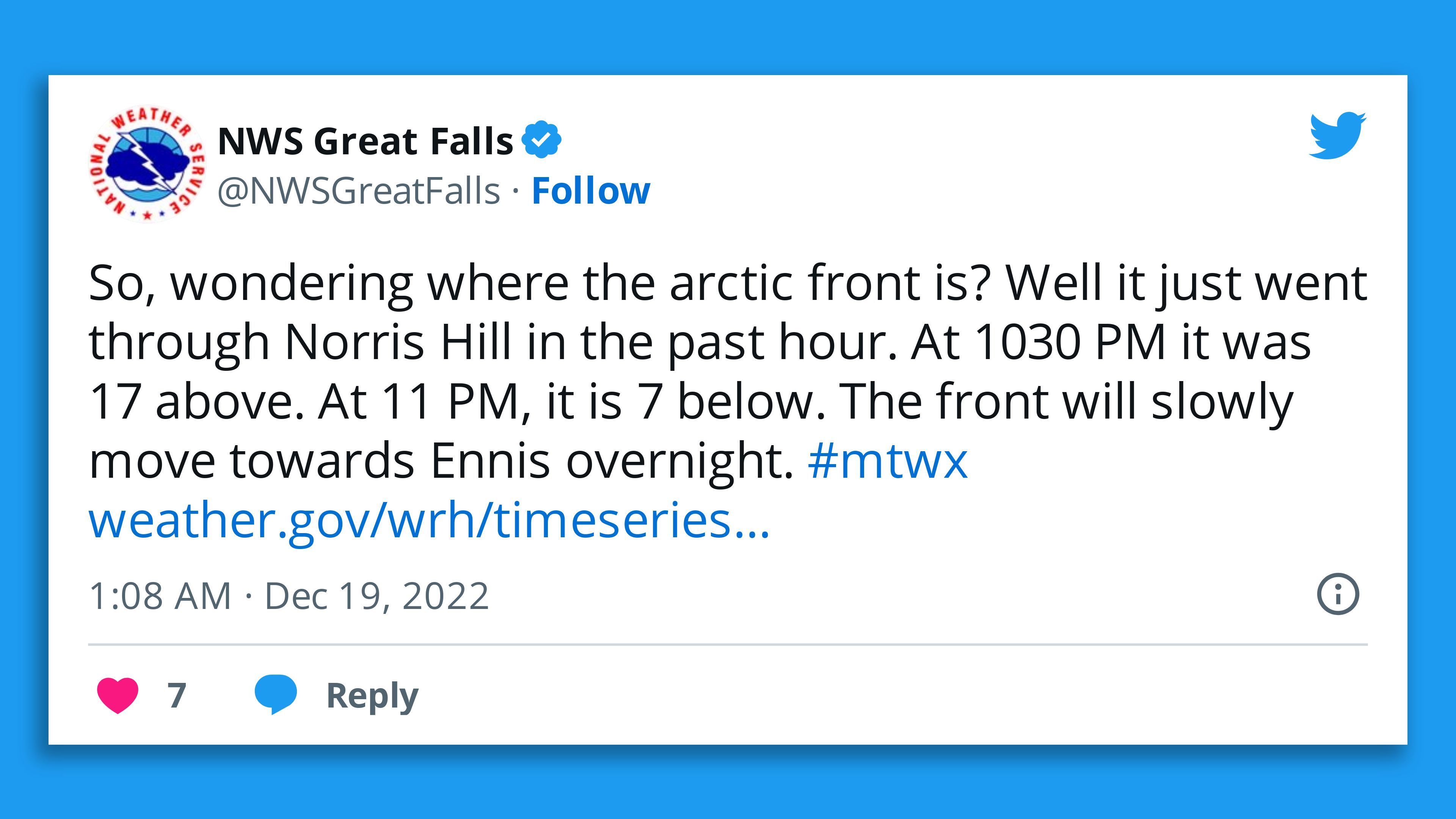 A screenshot of the NWS tweet saying that the cold front has reached parts of Montana.