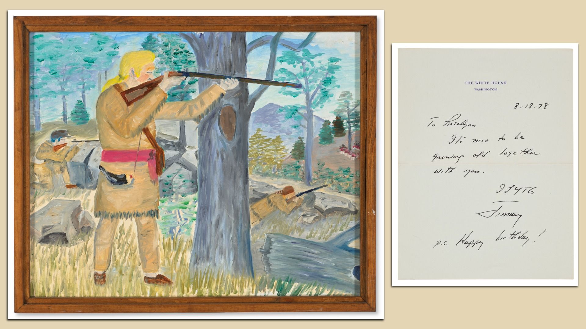 Framed painting of three hunters with rifles aiming in a forested landscape; beside it, a handwritten note on White House stationery dated 8-18-78, signed Jimmy, wishing a happy birthday.