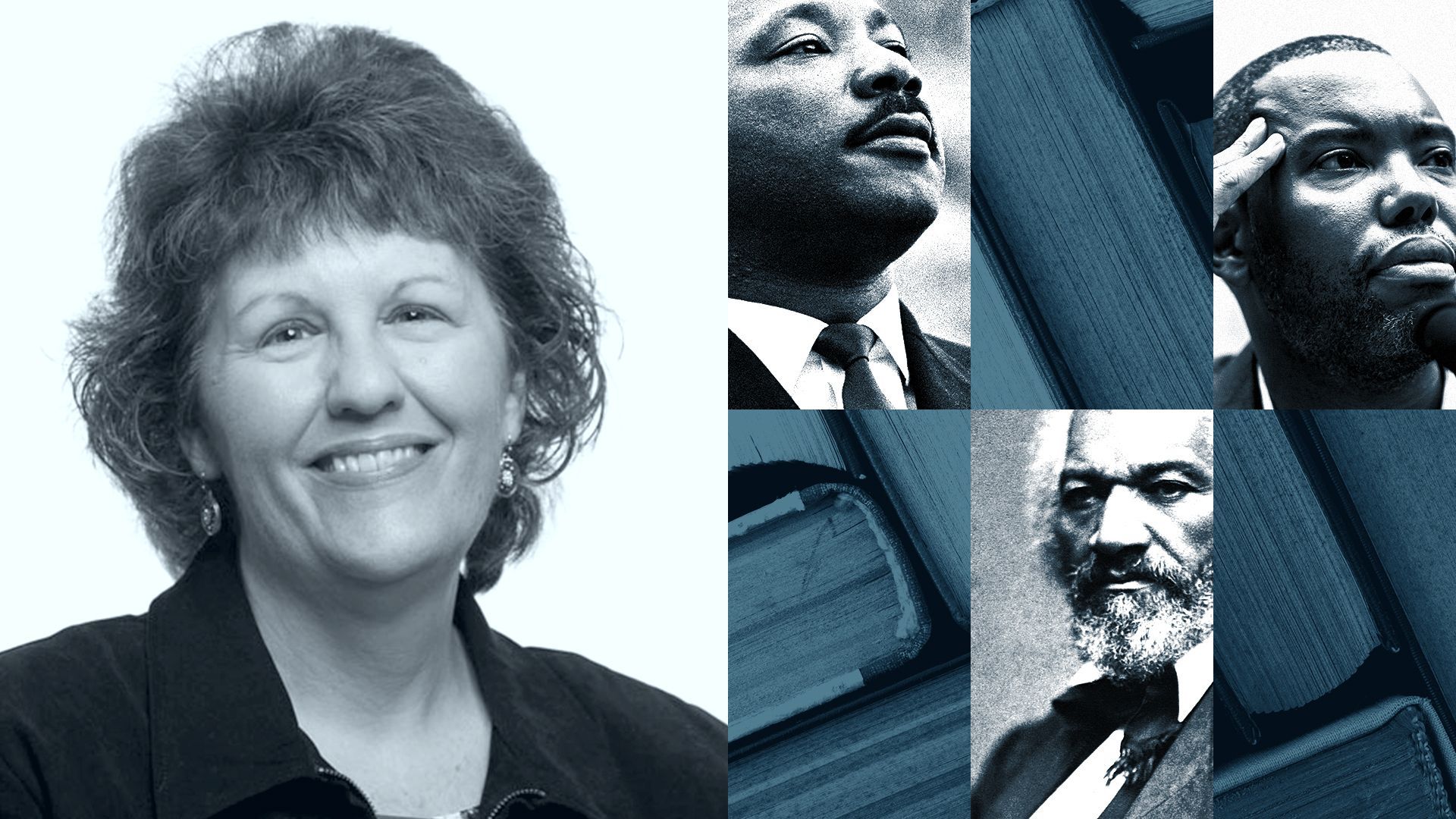 Photo illustration of Julie Moore next to a photo grid featuring Martin Luther King Jr., Frederick Douglass, and Ta-Nehisi Coates.
