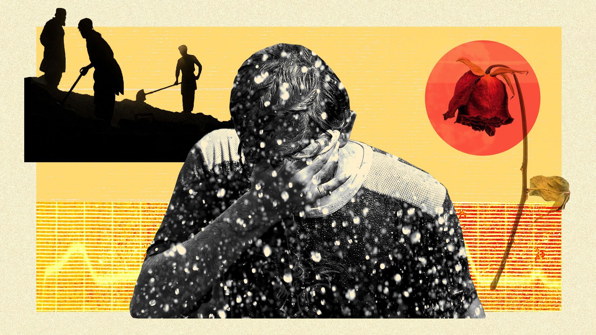 Photo illustration of a collage of silhouettes of workers, a man holding his face in his hands and a dying rose.