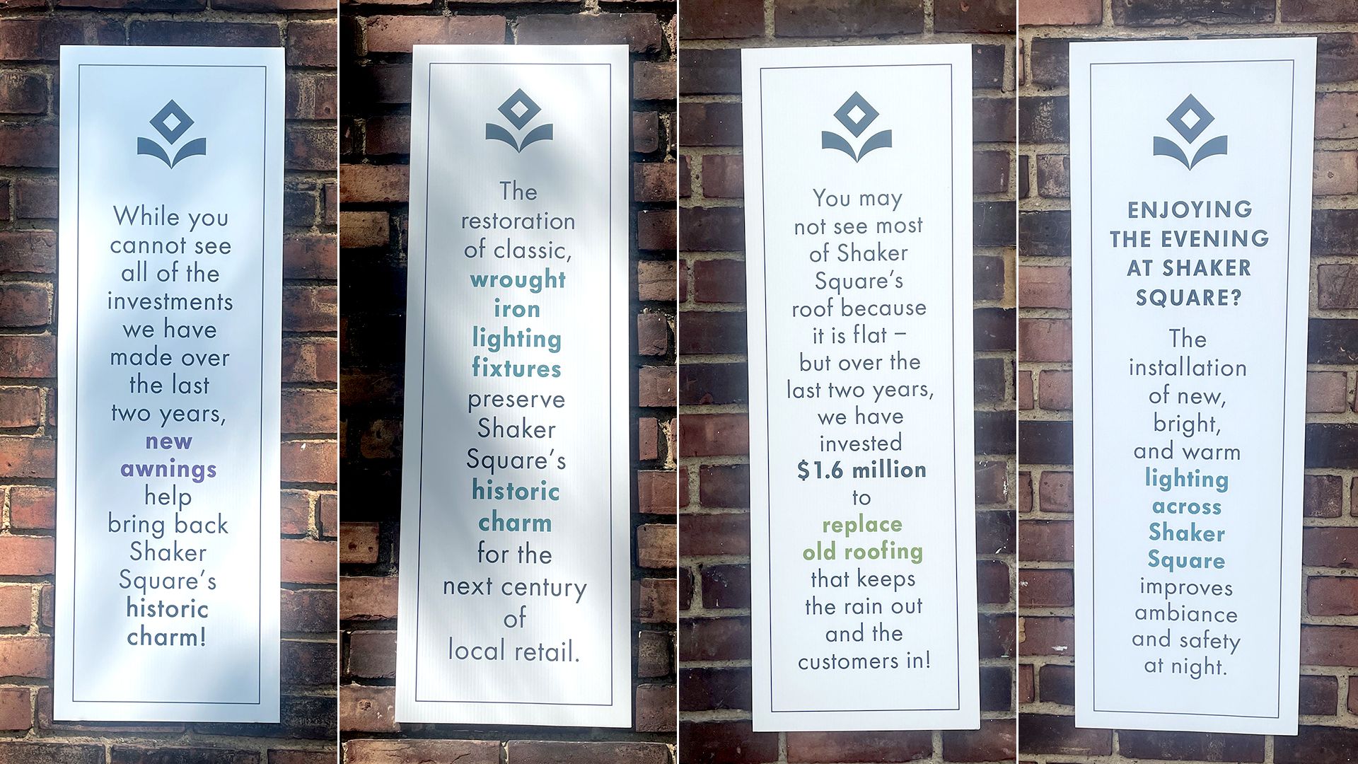 Side by side images of messages highlighting improvements at Shaker Square plaza