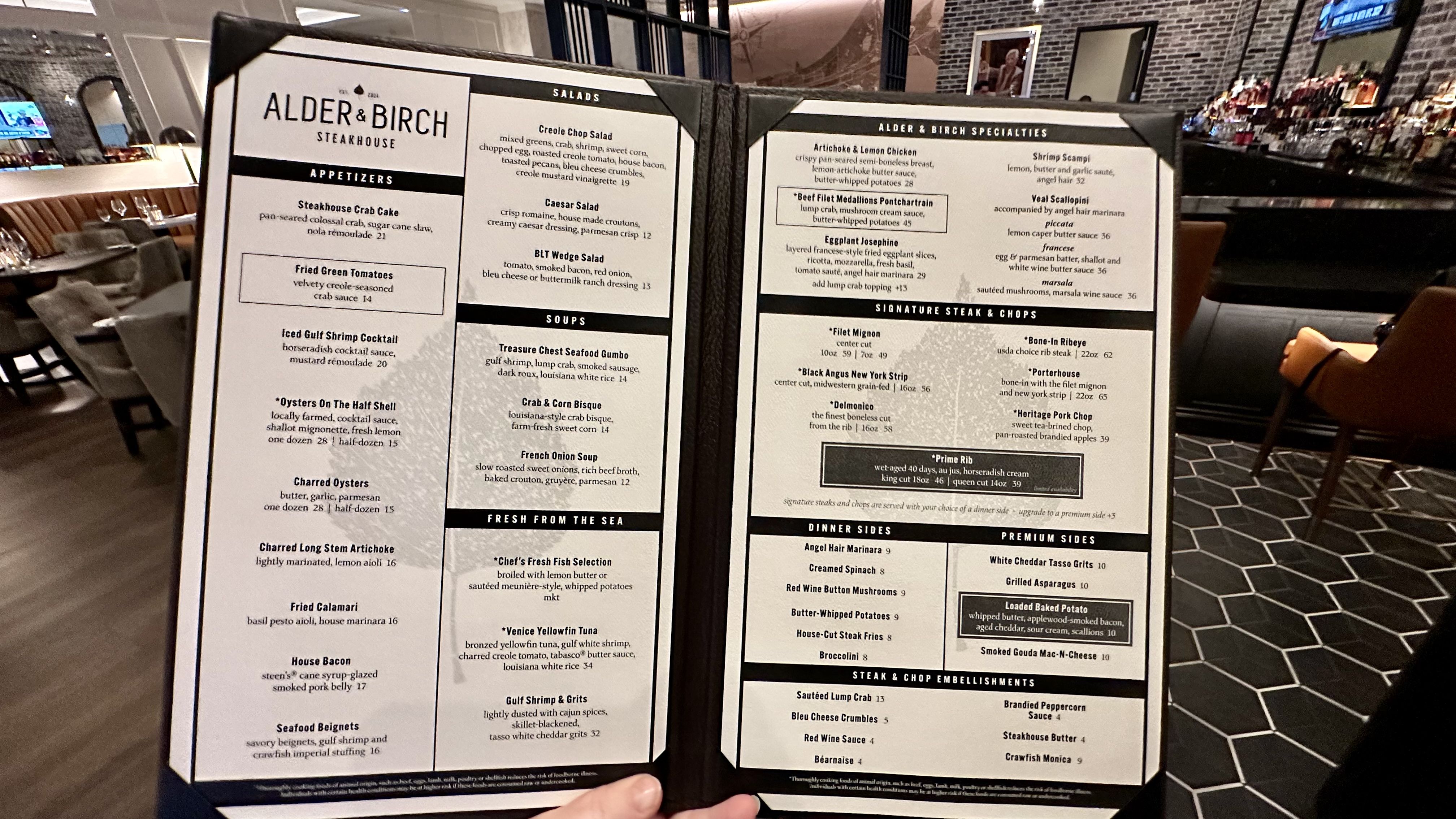 Photo shows the menu at the steakhouse at the casino