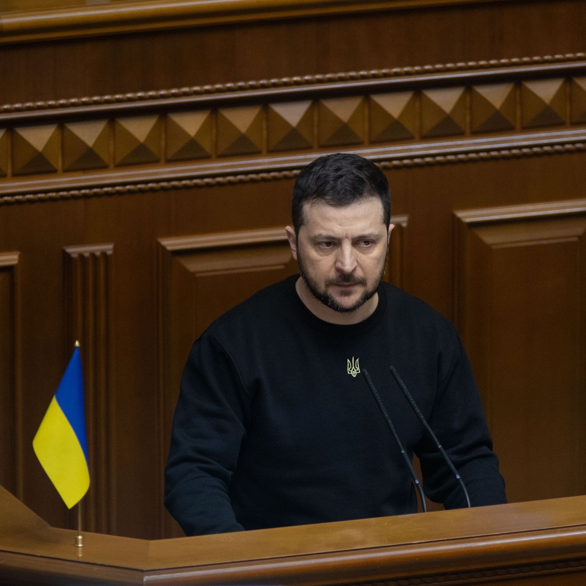 Ukrainian President Volodymyr Zelenskyy addresses the Ukrainian Parliament in Kyiv, Ukraine on December 28.