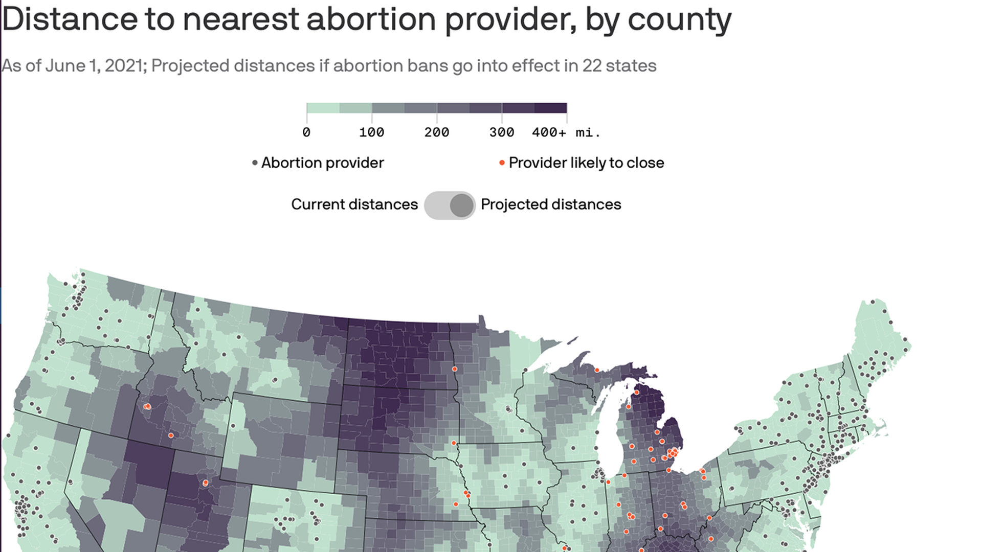 Distance to abortion clinic by county