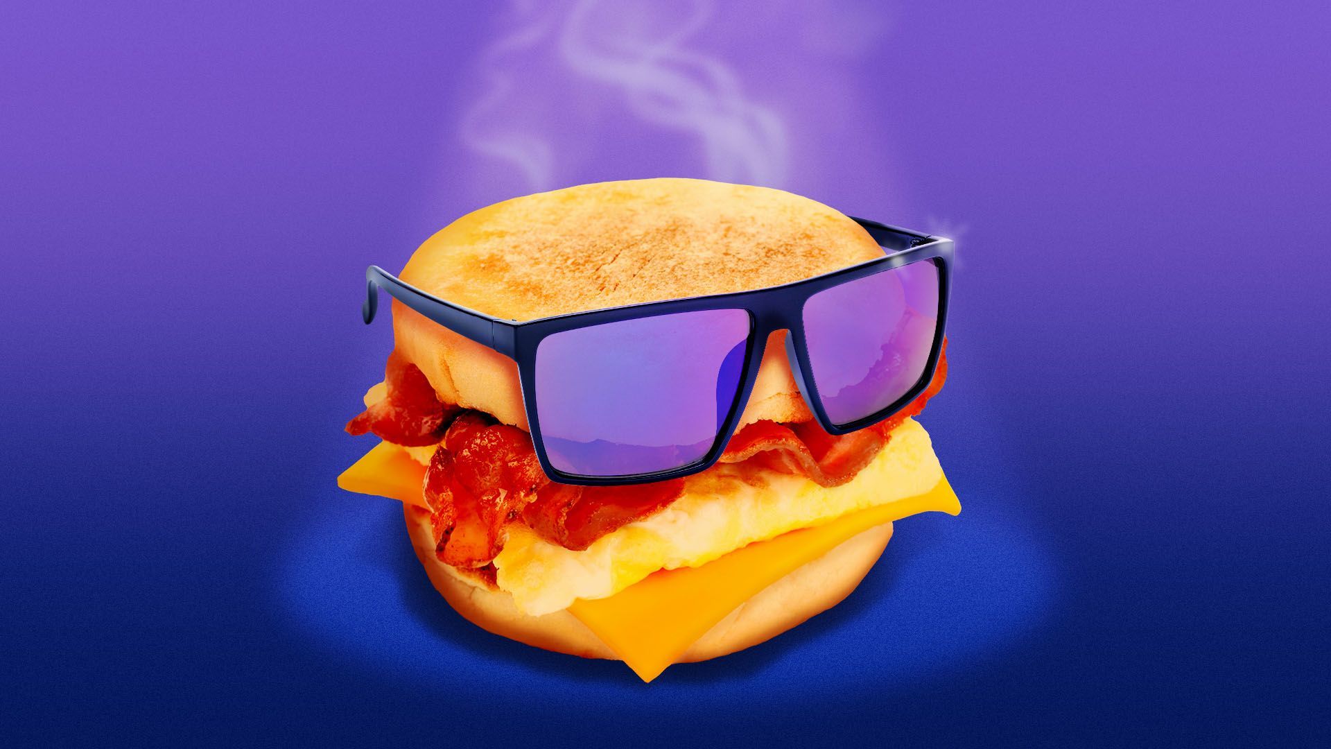 Illustration of a breakfast sandwich sporting sunglasses under a light
