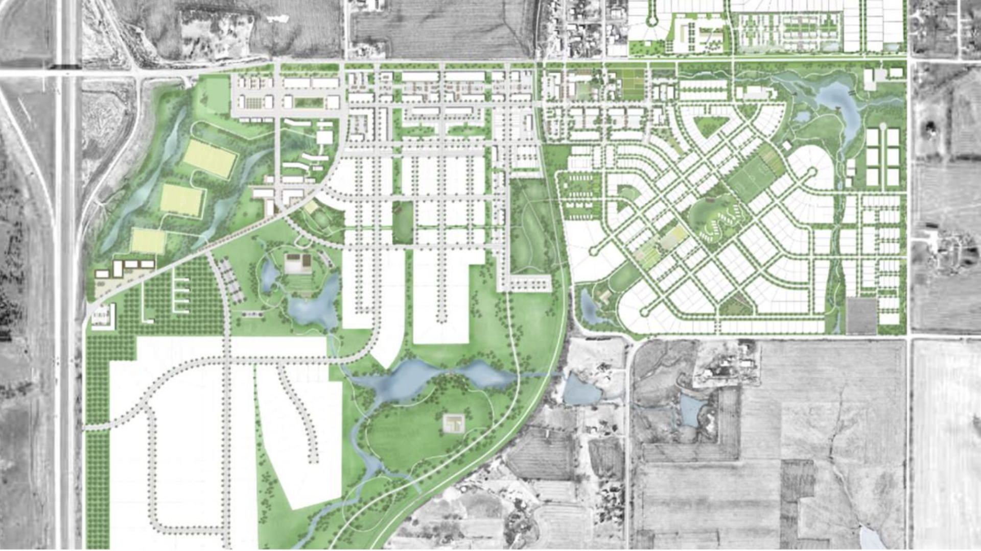 Aerial view of a master-planned urban district with green parks and water features amid a grid of white buildings; a major left edge highway, curved streets, and a circular park on the right.