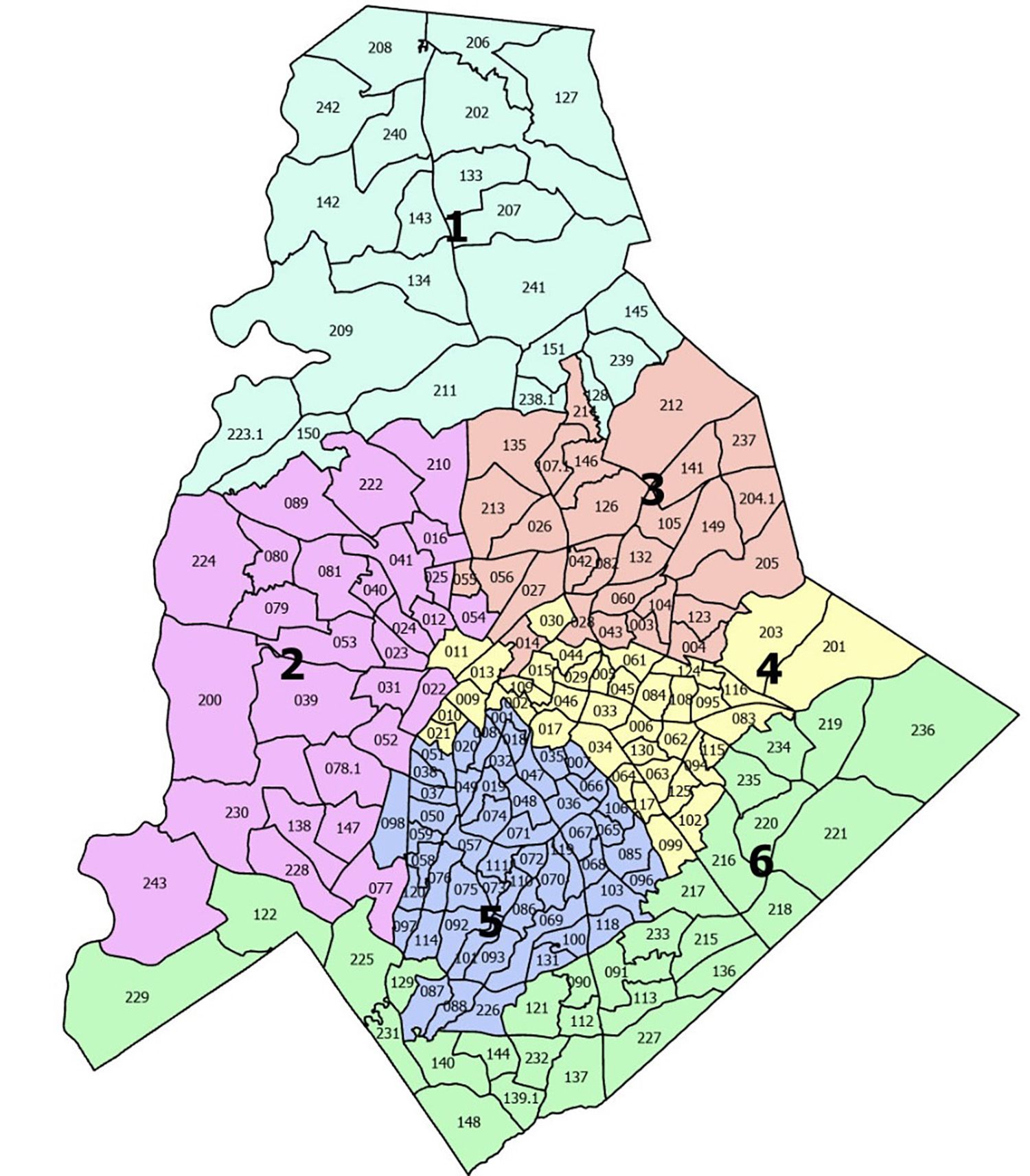 Map divided into colored districts numbered 1 to 6, with smaller numbered sections inside each colored zone: blue, pink, green, yellow, red, and light blue areas represent distinct regions.