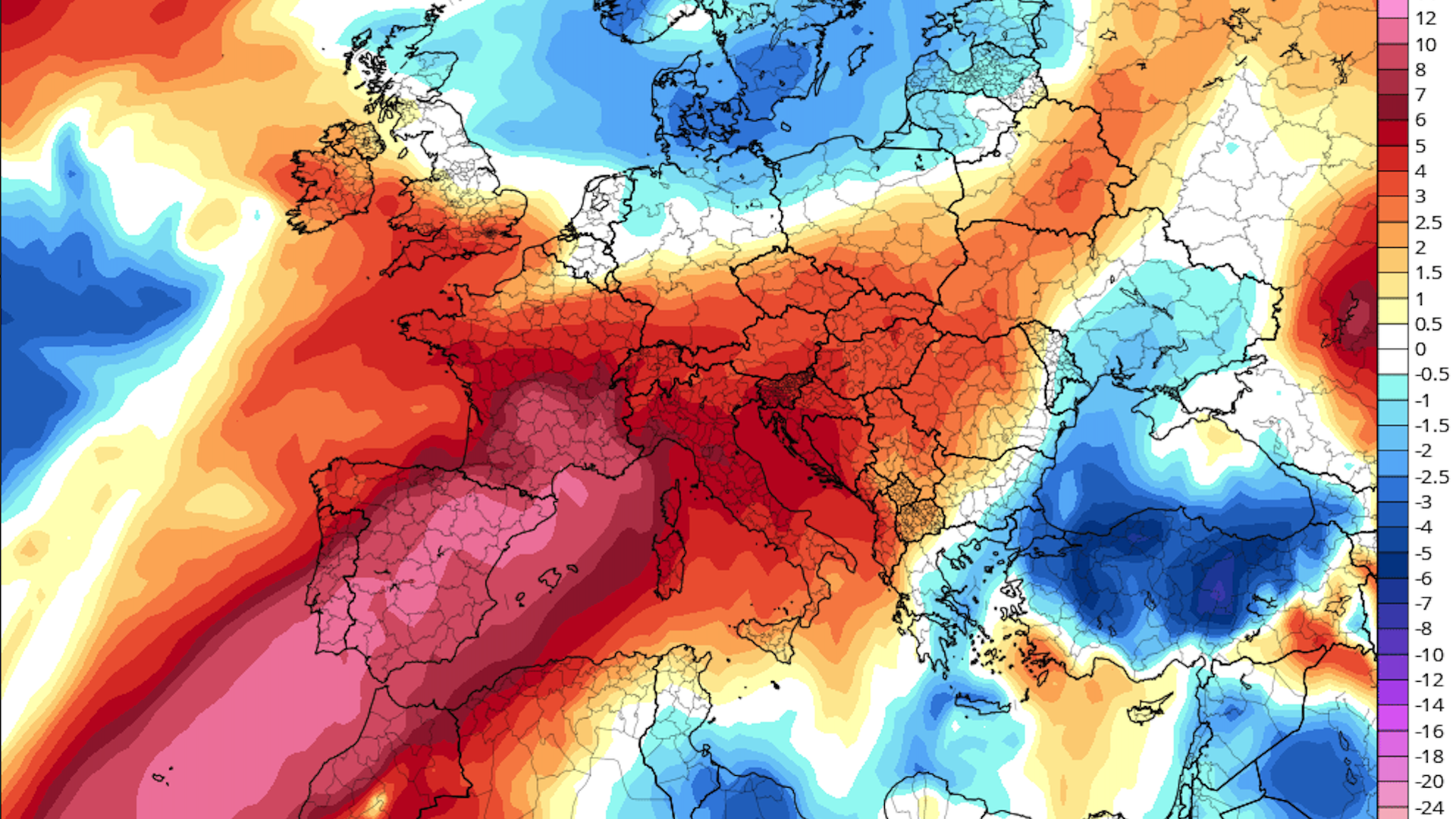 Weather map of Europe showing hot temperatures represented in red.