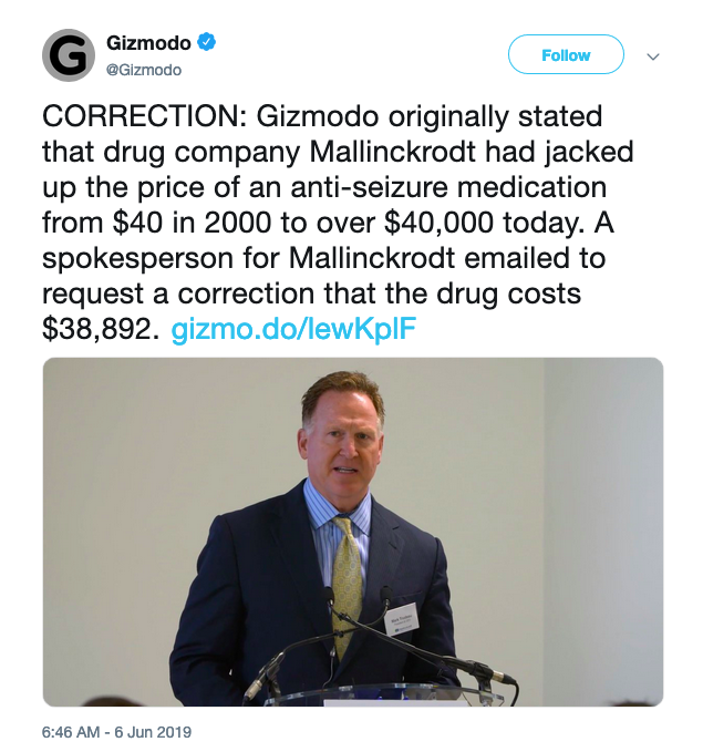 A tweet from Gizmodo announcing a correction request from Mallinckrodt.