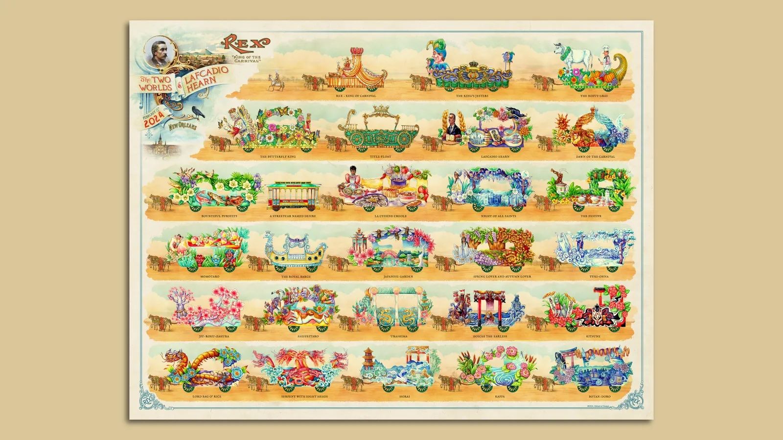 Image shows illustrations of the 2024 Rex floats created by the Royal Artists