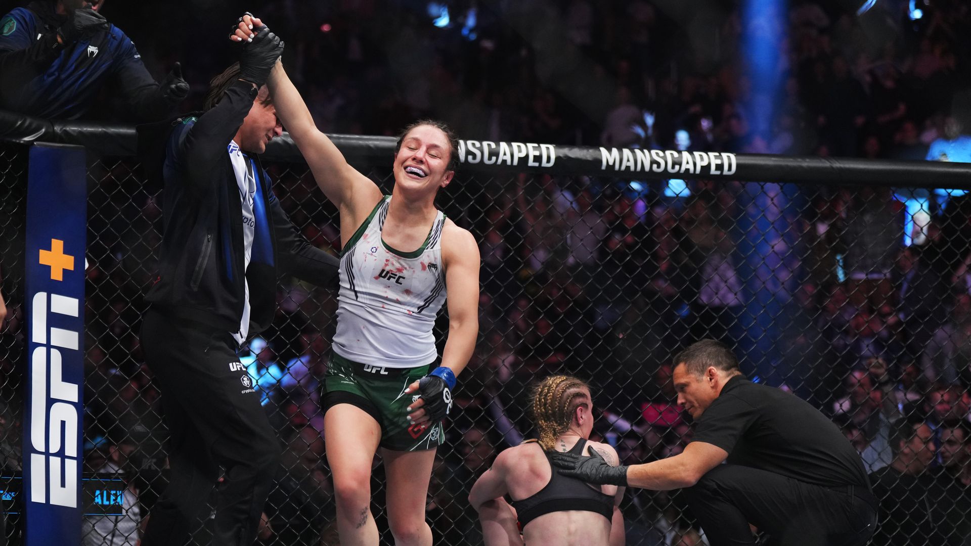 Alexa Grasso of Mexico reacts to her win over Valentina Shevchenko of Kyrgyzstan in the UFC flyweight championship fight during the UFC 285 event at T-Mobile Arena on March 04, 2023 in Las Vegas
