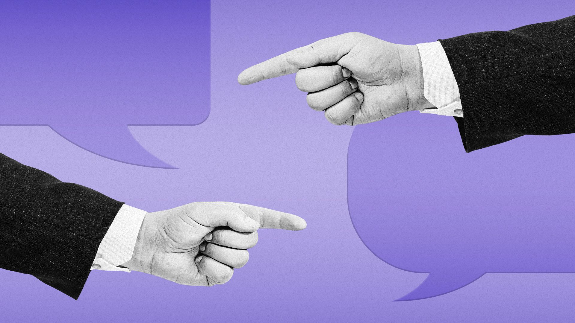 Illustration of opposing hands pointing at two different speech bubbles.