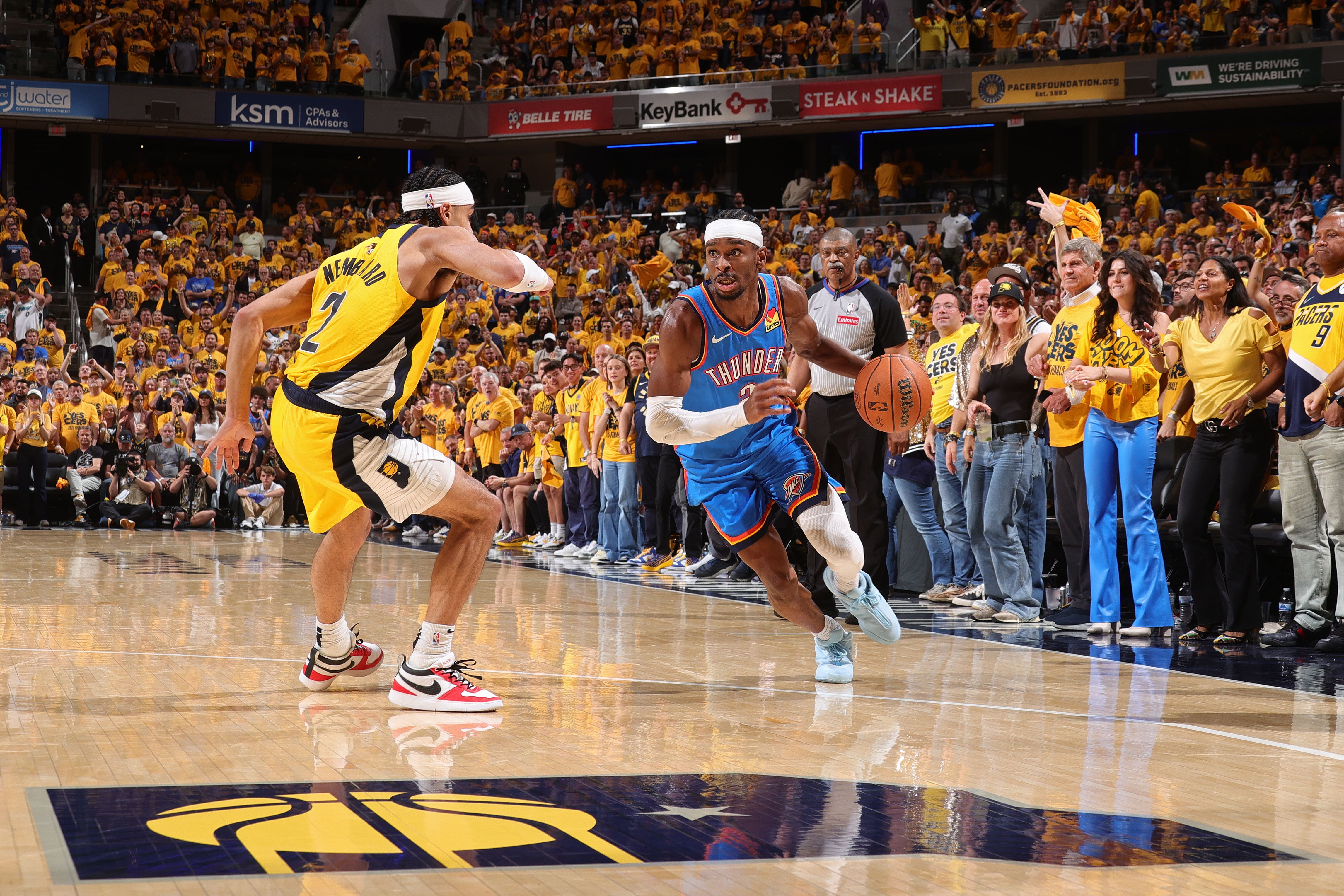 Shai Gilgeous-Alexander #2 of the Oklahoma City Thunder handles the ball during the game against the Indiana Pacers during Game Six of the 2025 NBA Finals on June 19, 2025 at Gainbridge Fieldhouse in Indianapolis, Indiana. NOTE TO USER: User expressly acknowledges and agrees that, by downloading and