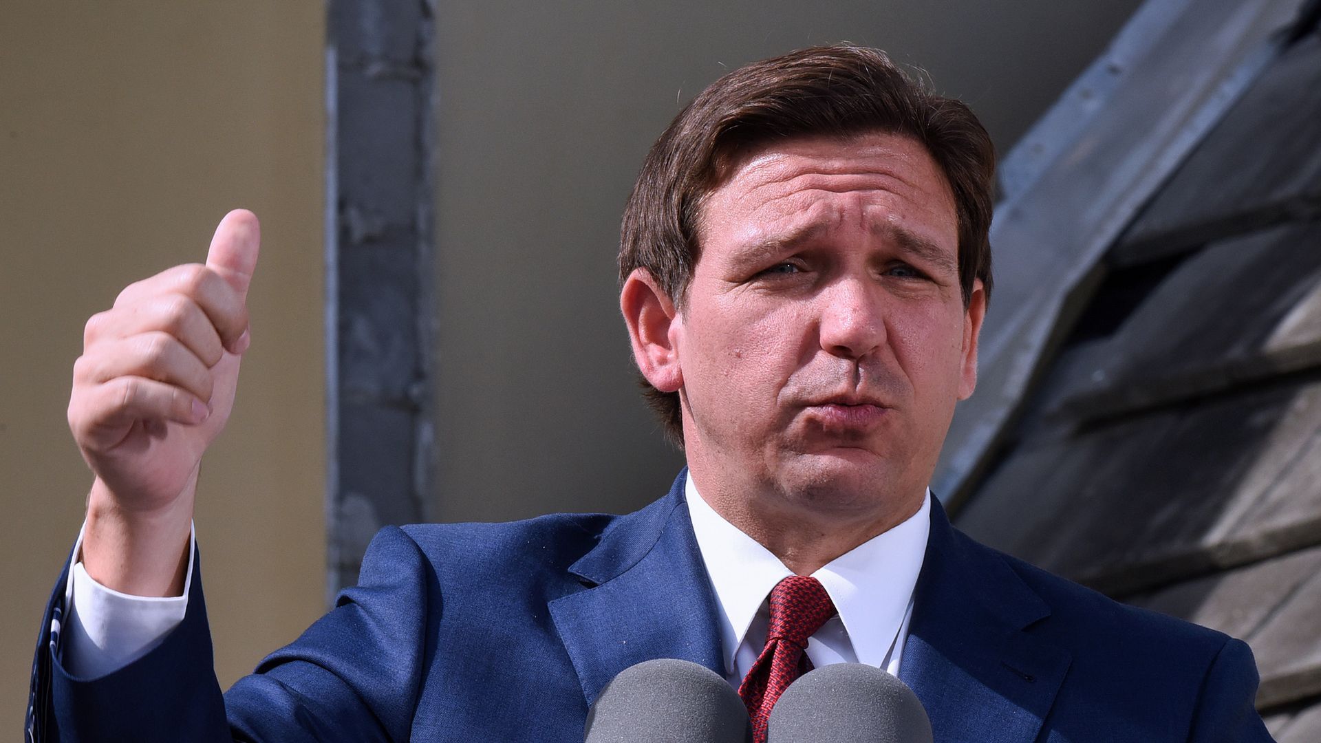 lorida Gov. Ron DeSantis speaks at a press conference to announce the award of $100 million for beach recovery following Hurricanes Ian and Nicole in Daytona Beach Shores in Florida.