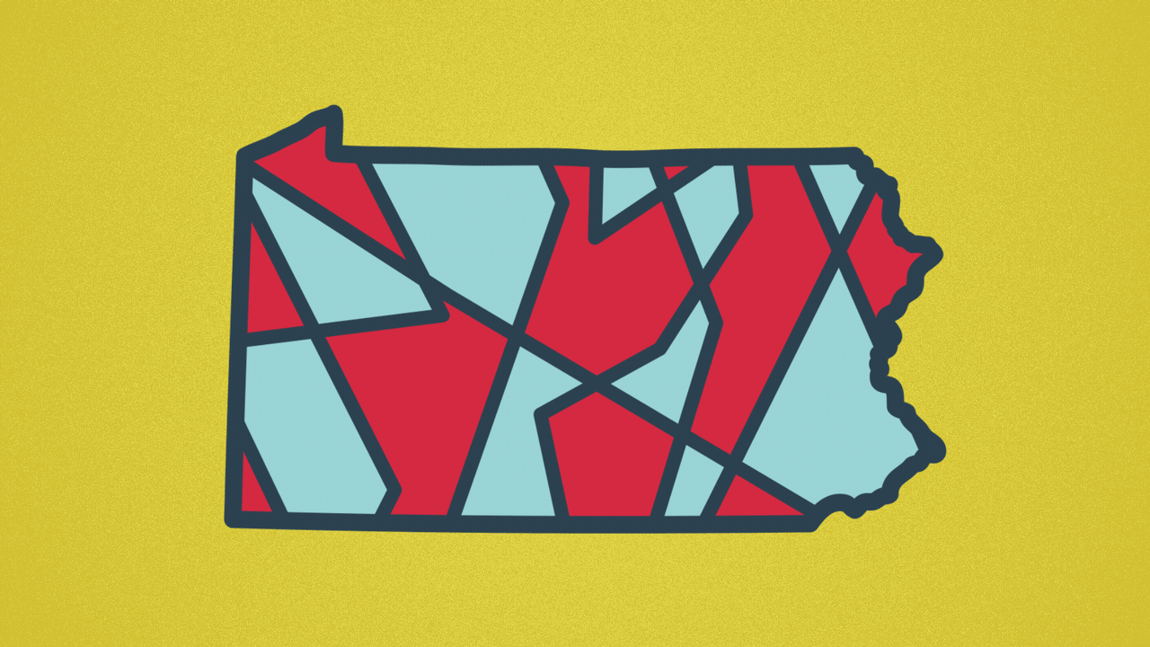 Illustration of the state of Pennsylvania with moving districts inside it. 